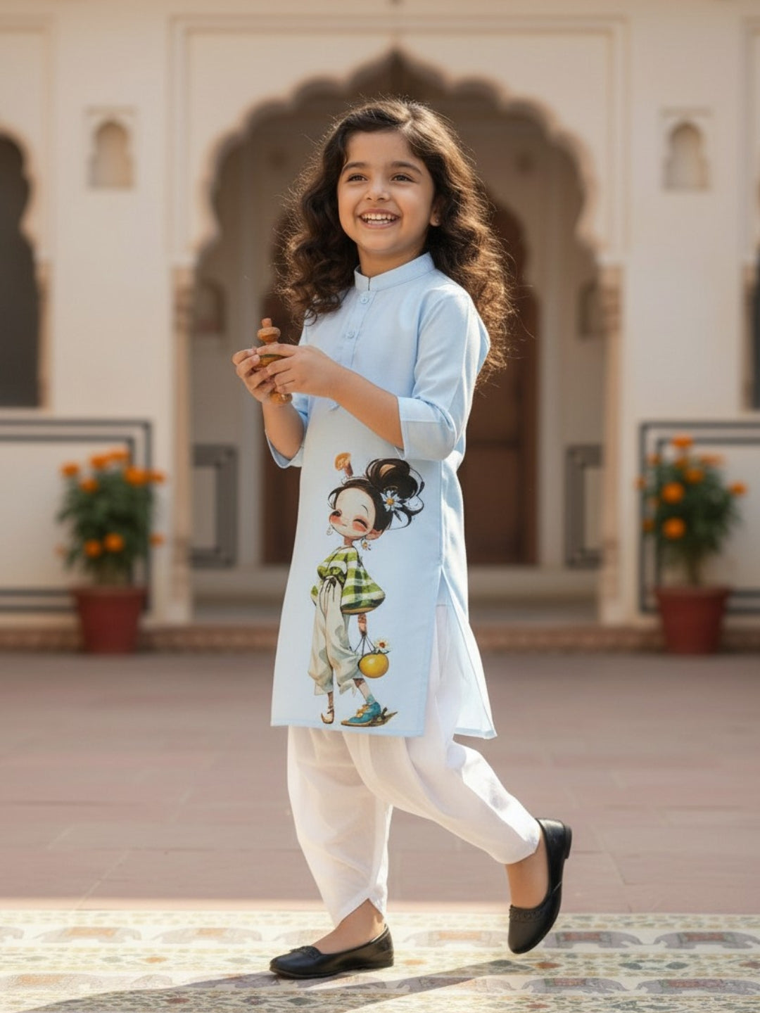 Girls' Sky Blue Cotton Kurti Set – Ethnic Print