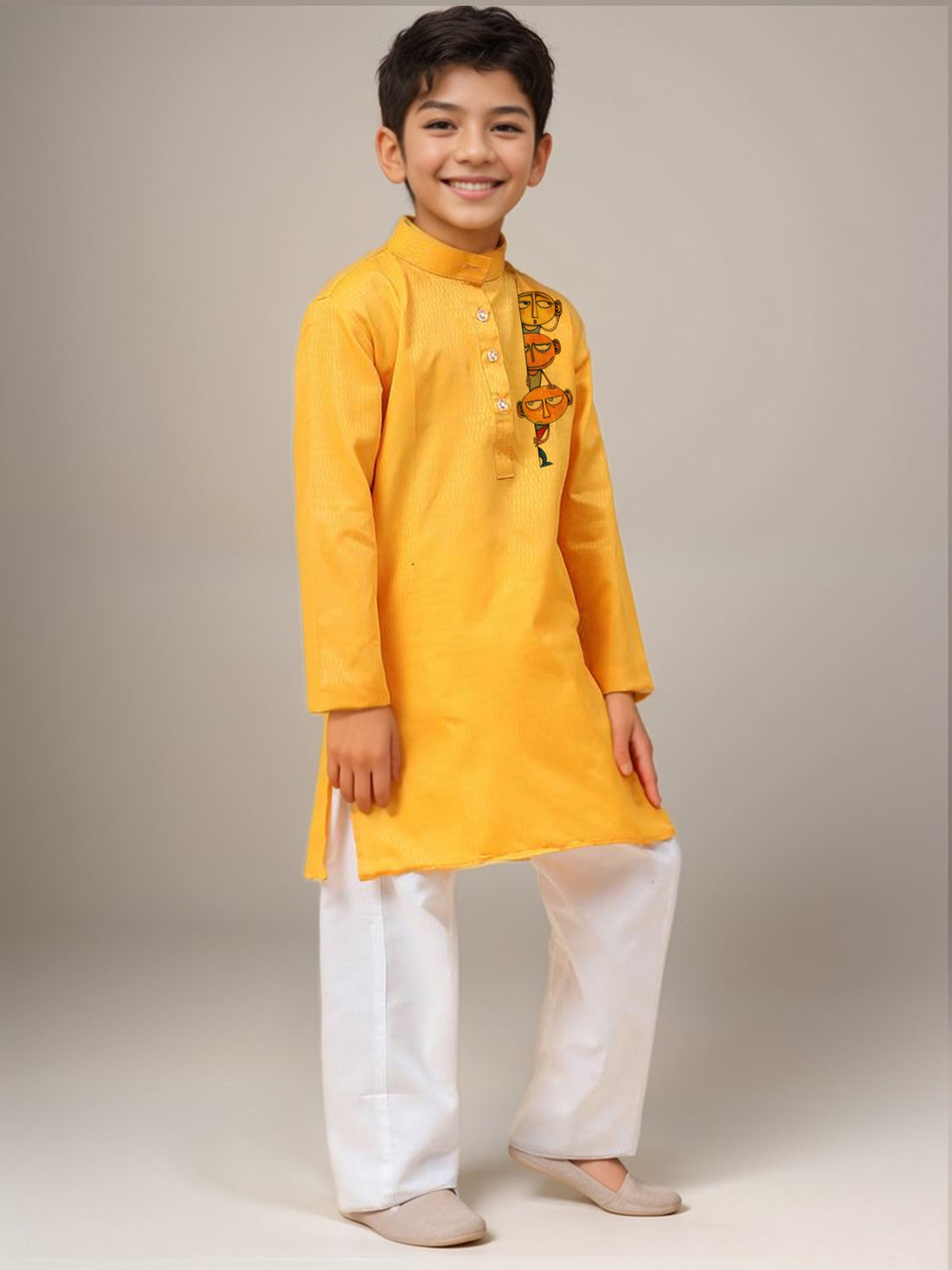 Boys Yellow Printed Kurta with Pyjama Set