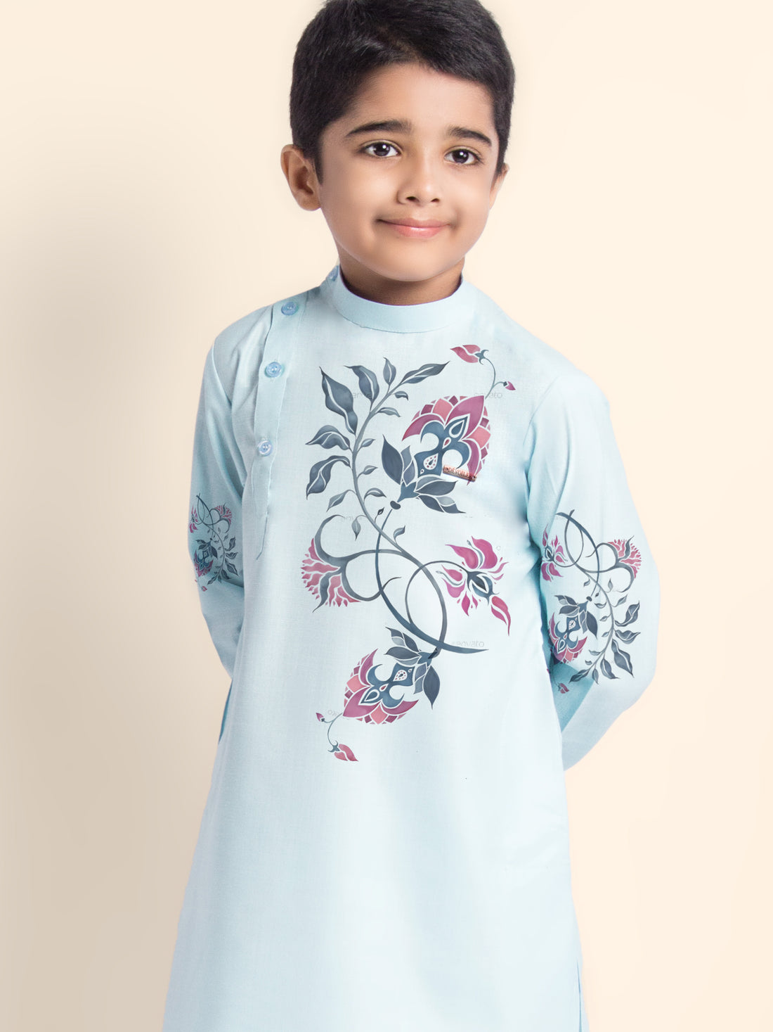 Boys Sky Blue Printed Kurta With Pyjama Set