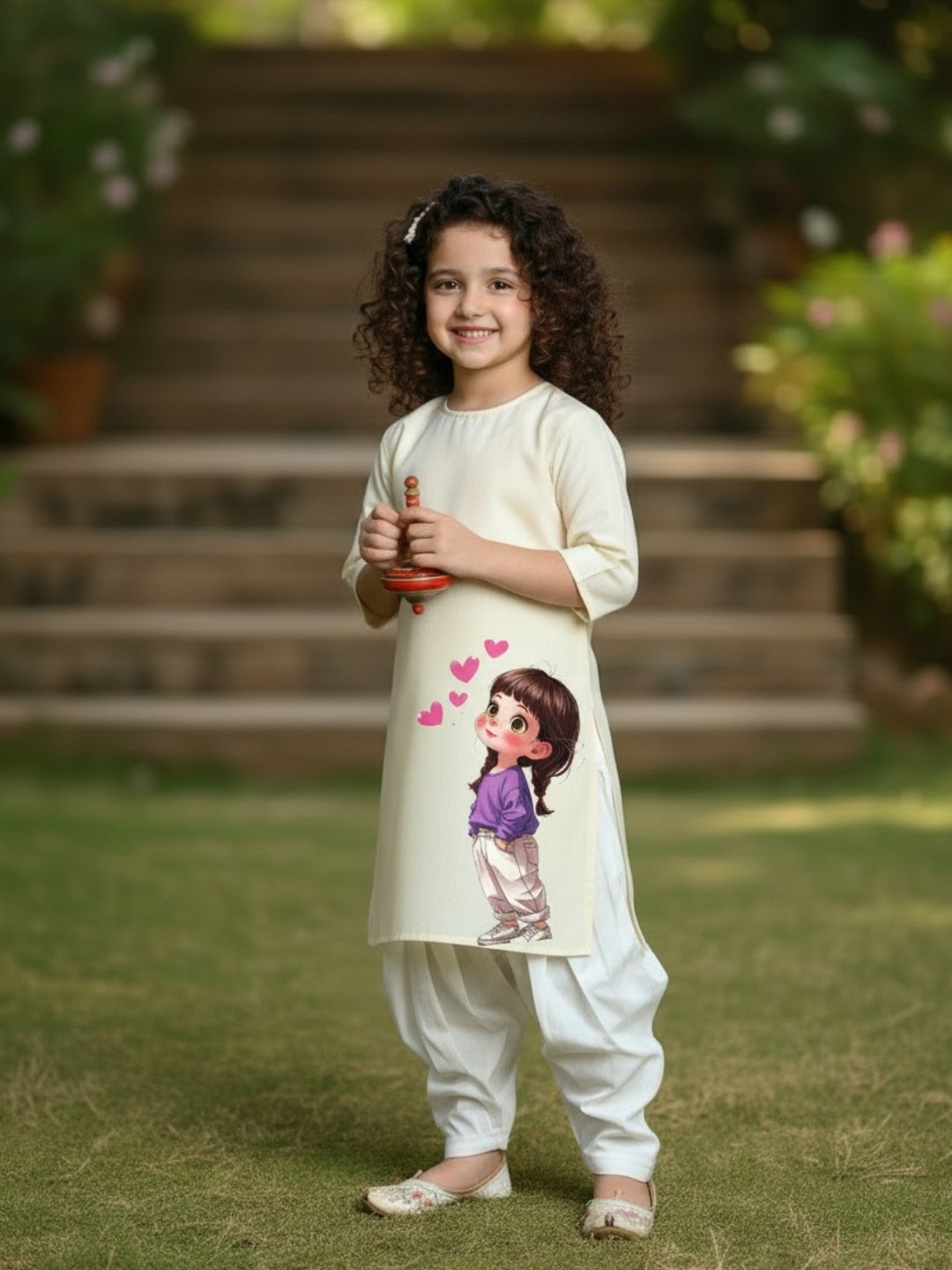 [DGKS-MGSP-RN] Girls Beige Ethnic Motifs Printed Cotton Kurti Set