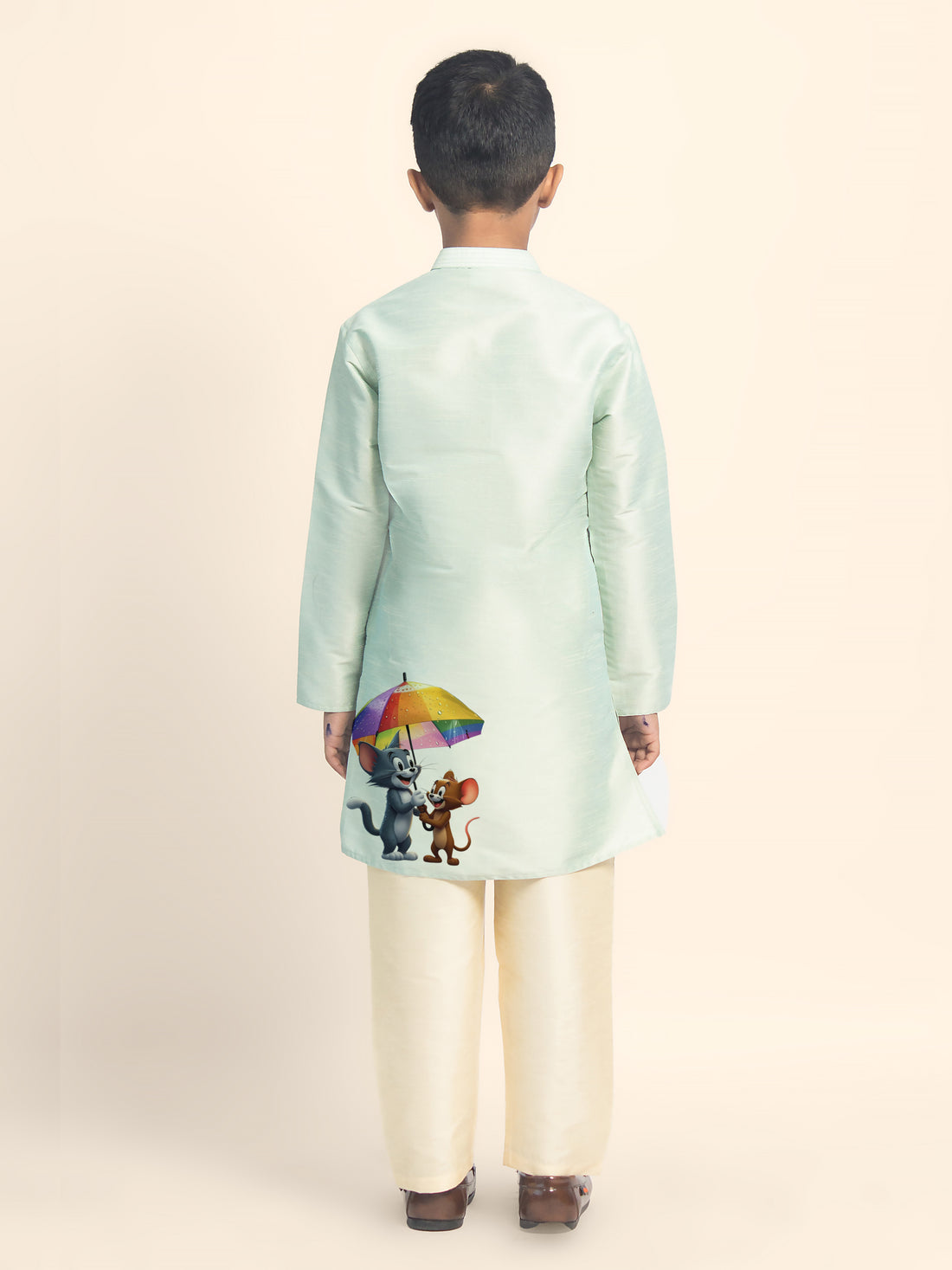 Boys Green Printed Kurta with Beige Pyjama Set