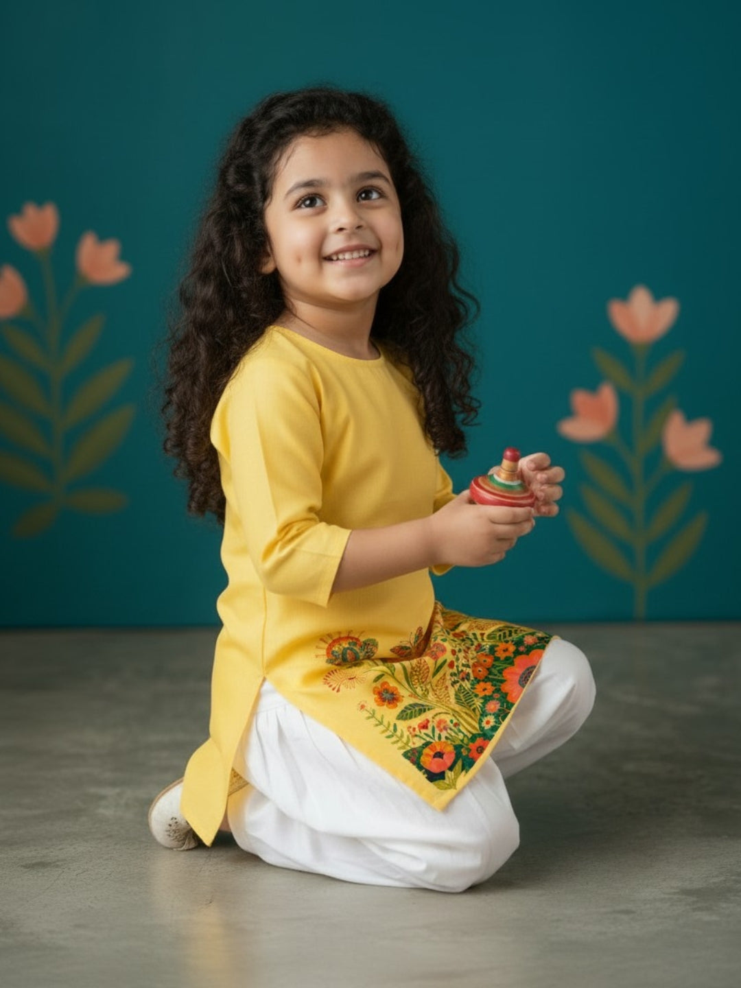 [DGKS-MGSP-RN] Girls Yellow Ethnic Motifs Printed Cotton Kurti Set