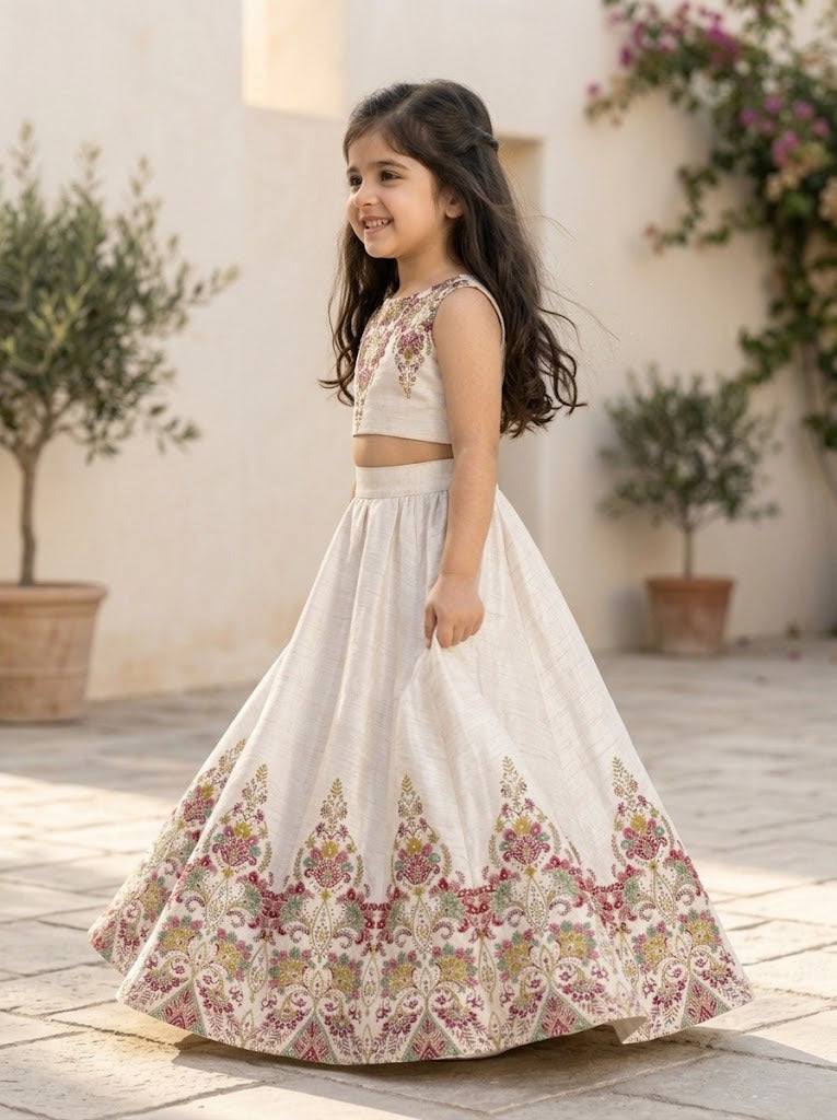 Girls' Off-White Art Silk Lehenga Set – Printed