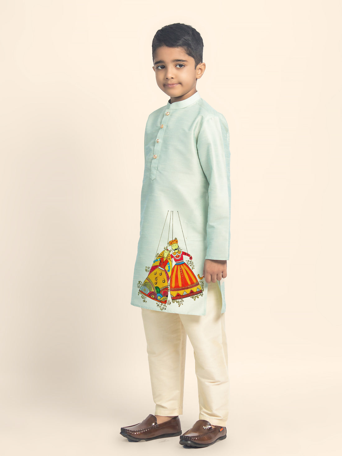 Boys Green Printed Kurta with Beige Pyjama Set