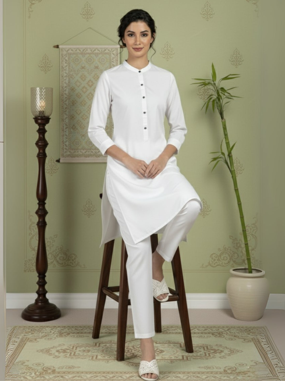 [DWKS-MG] Women White Solid Cotton Kurti Set
