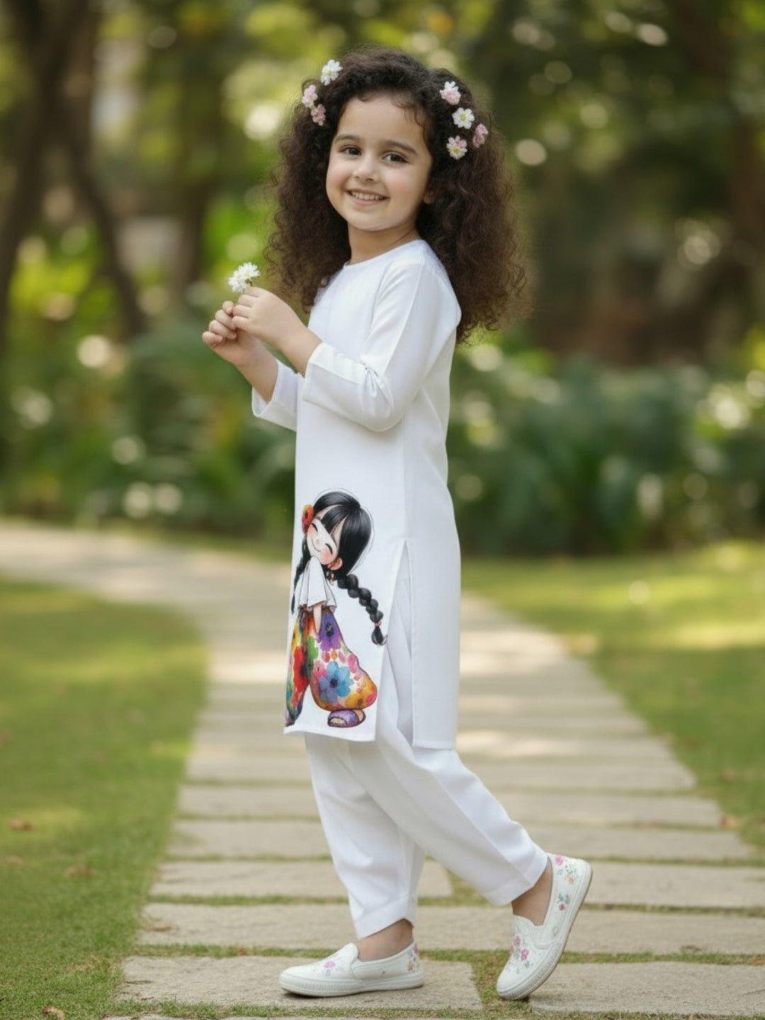 [DGKS-MGSP-RN] Girls White Ethnic Motifs Printed Cotton Kurti Set