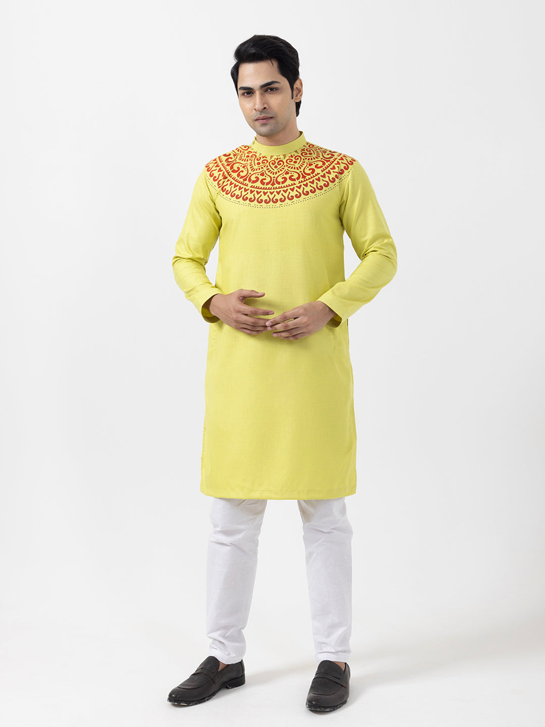 Mens Lime Green Side Placket Printed Kurta-Pyjama Set