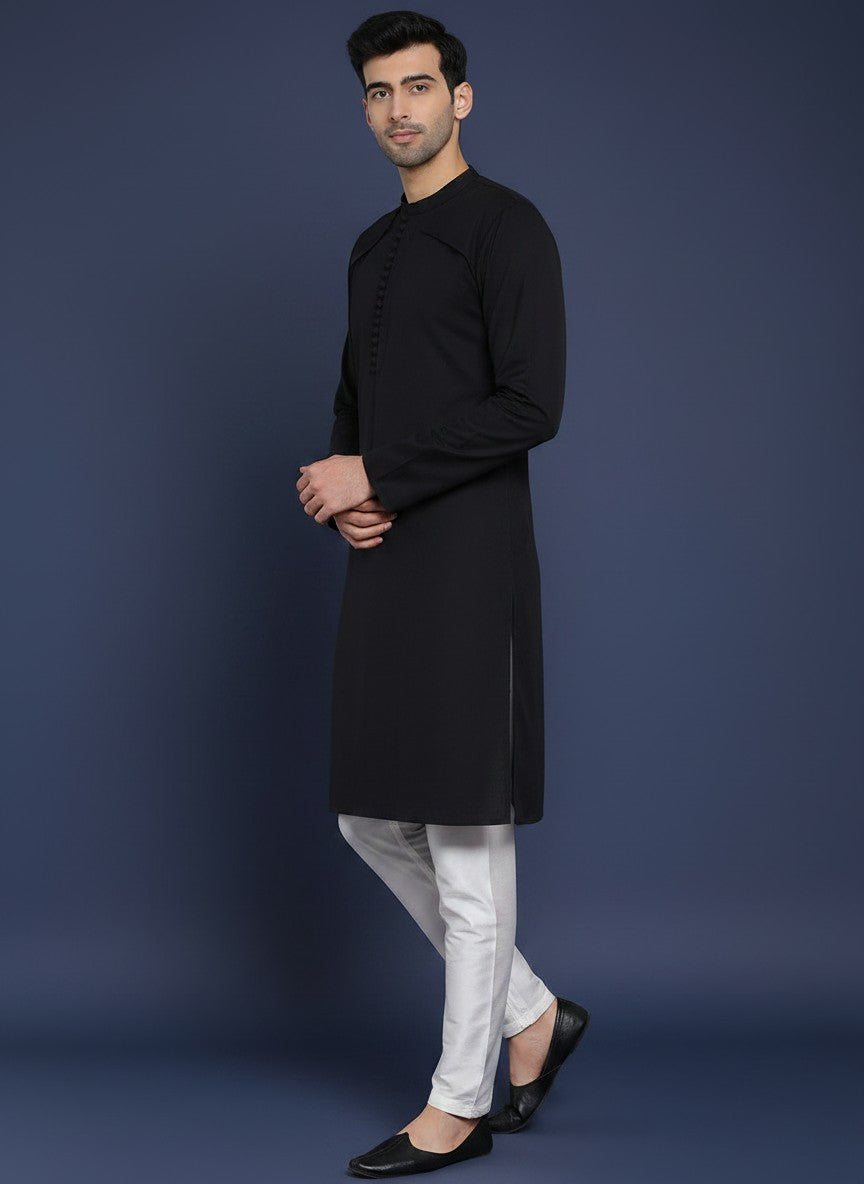 Men's Black Cotton Linen Kurta Set – Solid & Side Placket