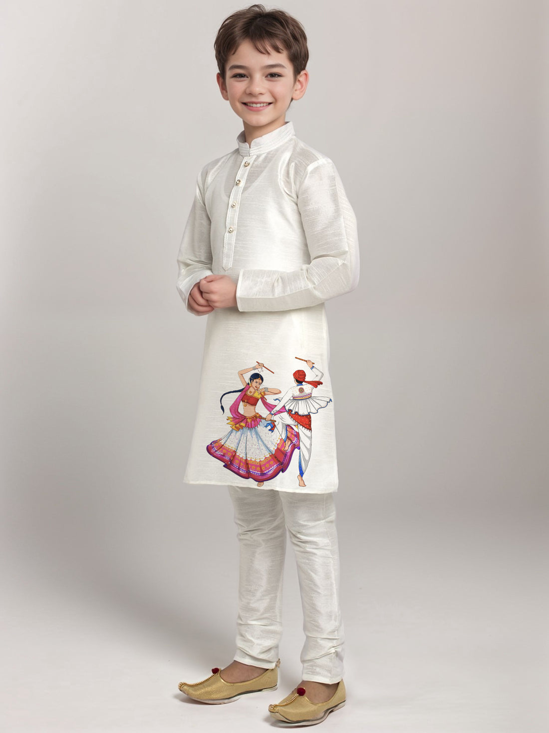 Boys White Printed Kurta With Pyjama Set