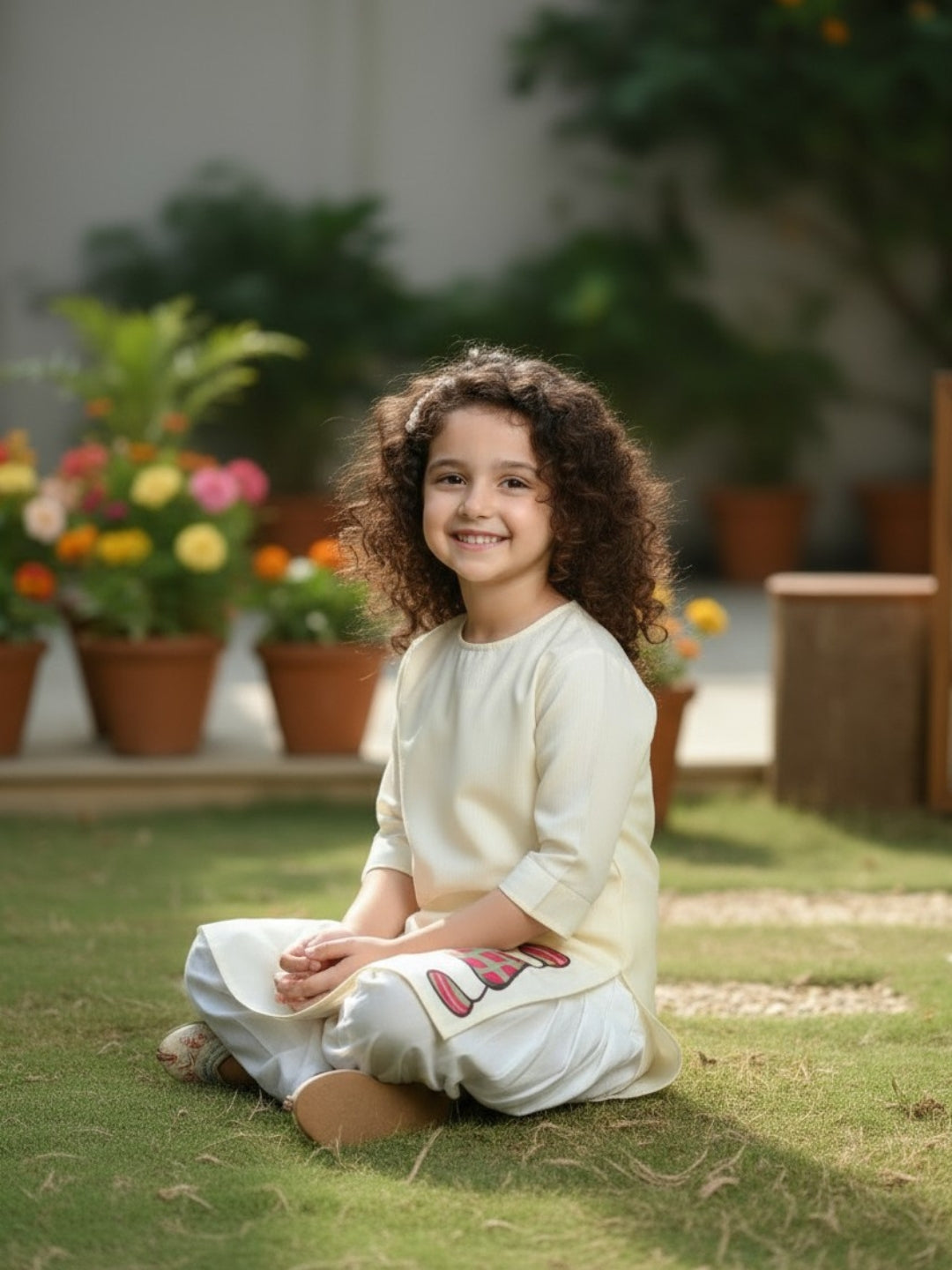 [DGKS-MGSP-RN] Girls Beige Ethnic Motifs Printed Cotton Kurti Set