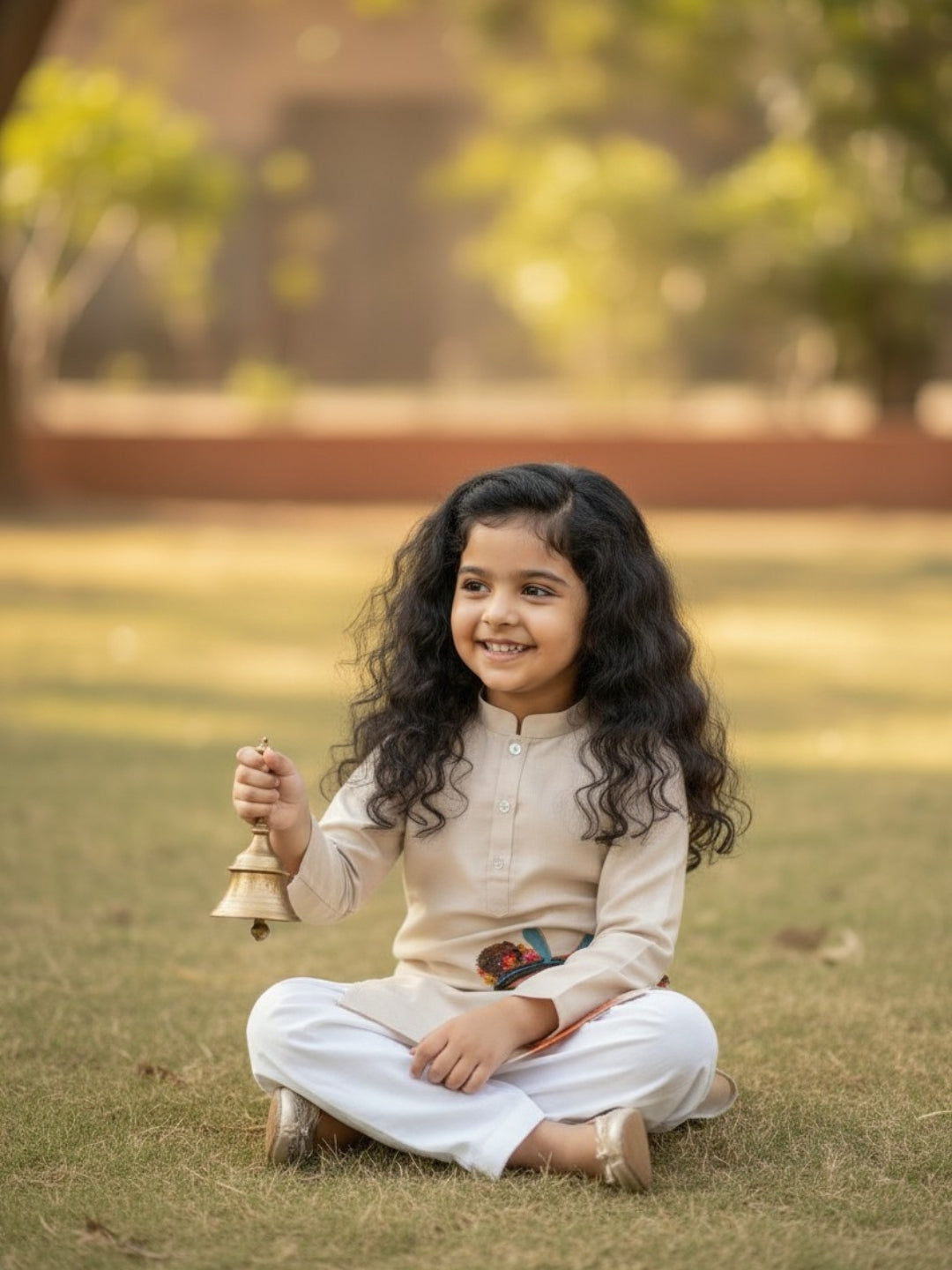 Girls' Beige Cotton Kurti Set – Ethnic Print