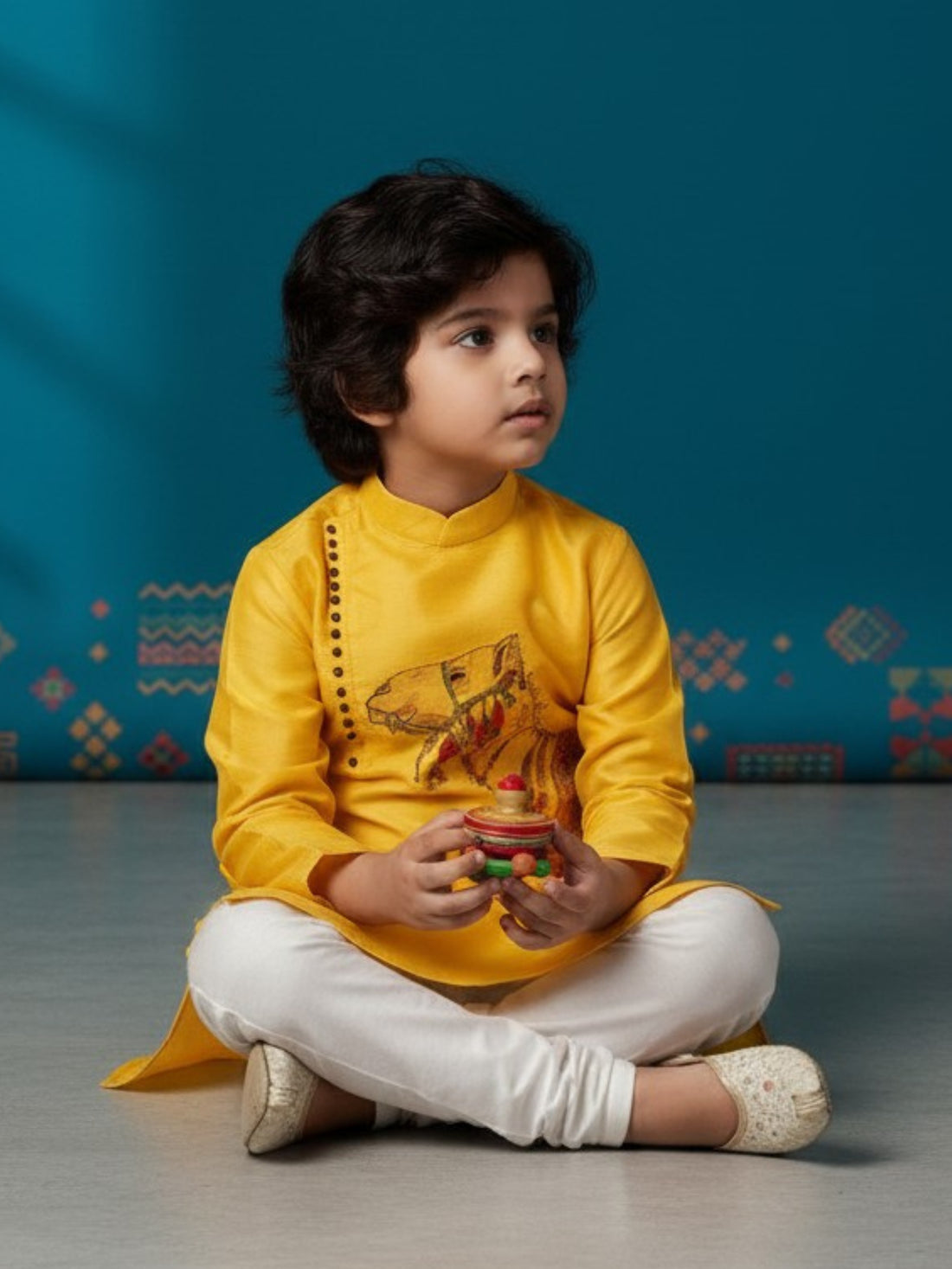 [DBKS-DPSP-B] Boy's Yellow Ethnic motifs Print Art Silk kurta Set