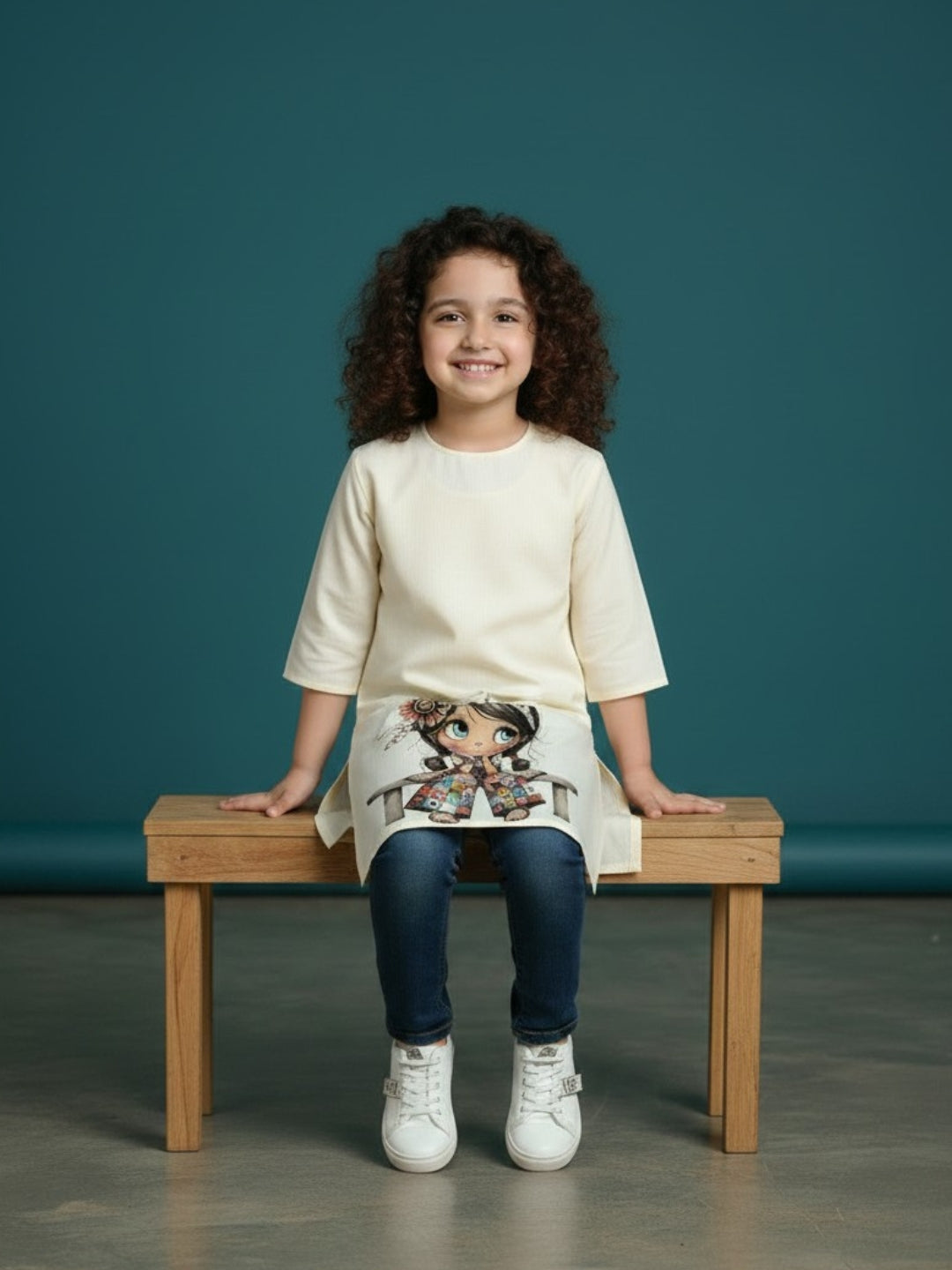 [DGKS-MGSP-RN] Girls Beige Ethnic Motifs Printed Cotton Kurti Set