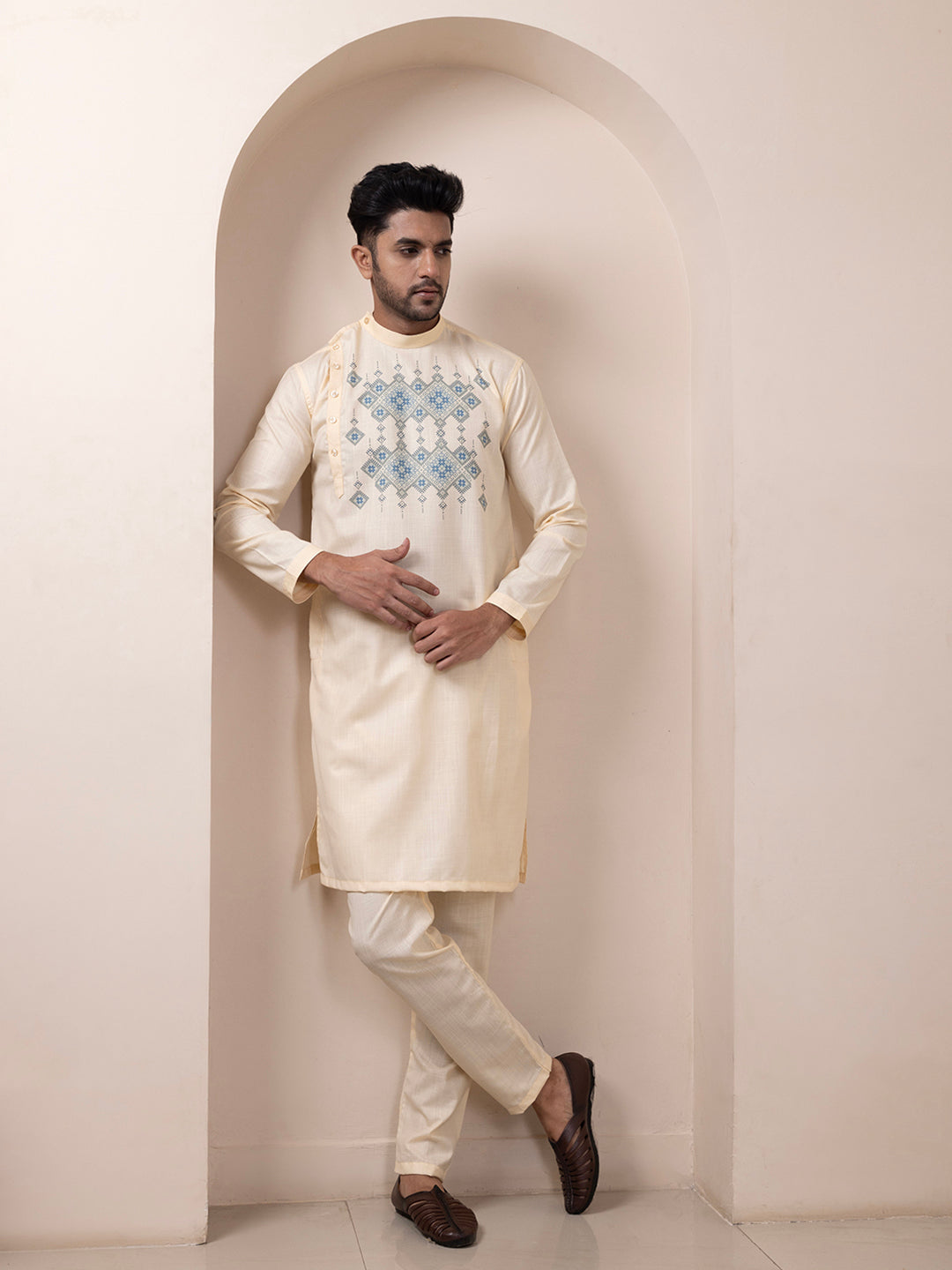 [MGSP-B] Men's Beige Ethnic Print Side Placket Cotton Kurta Set