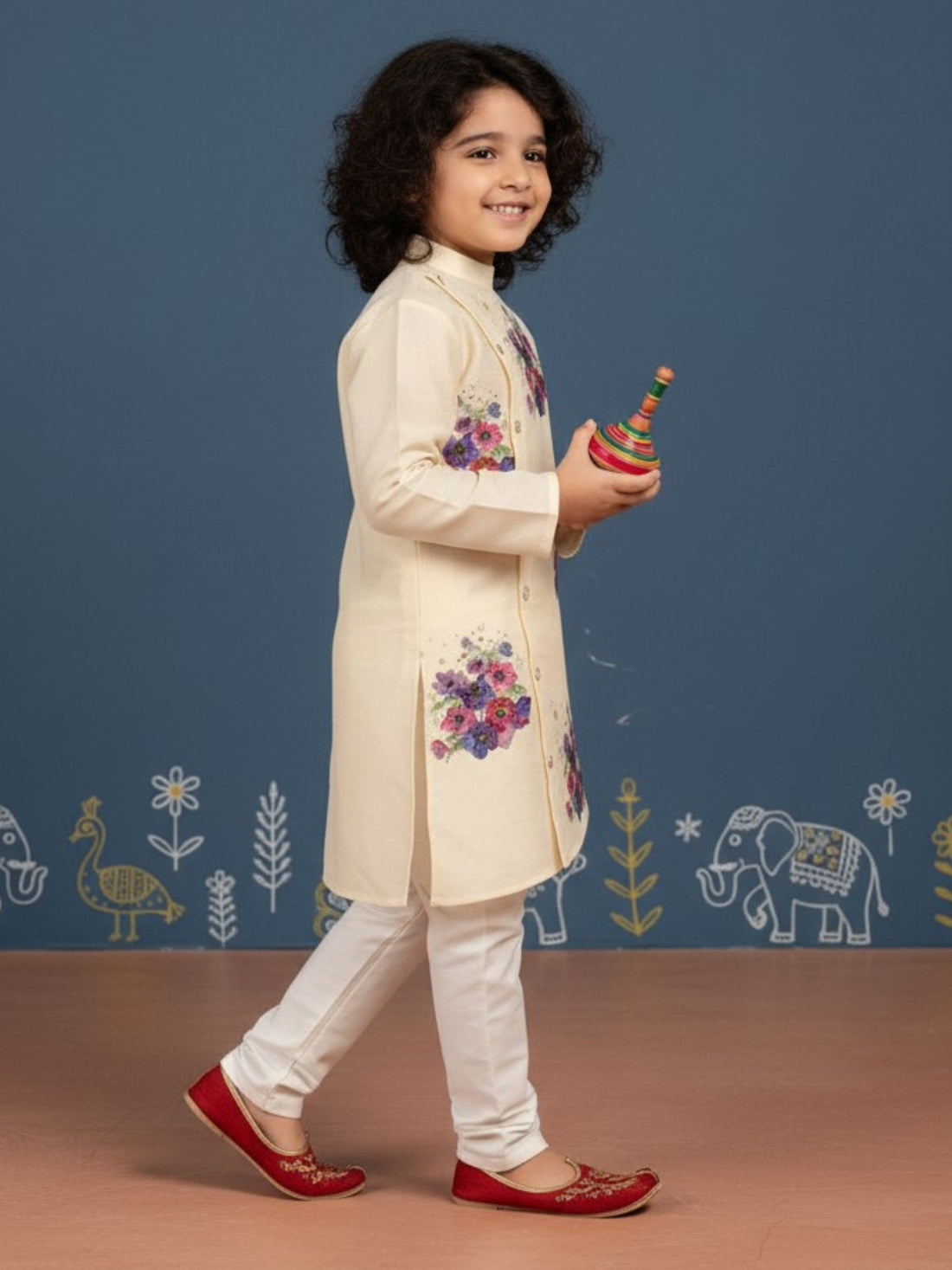 [DBKS-DPSP-D] Boy's Beige Ethnic motifs Print Art Silk kurta Set