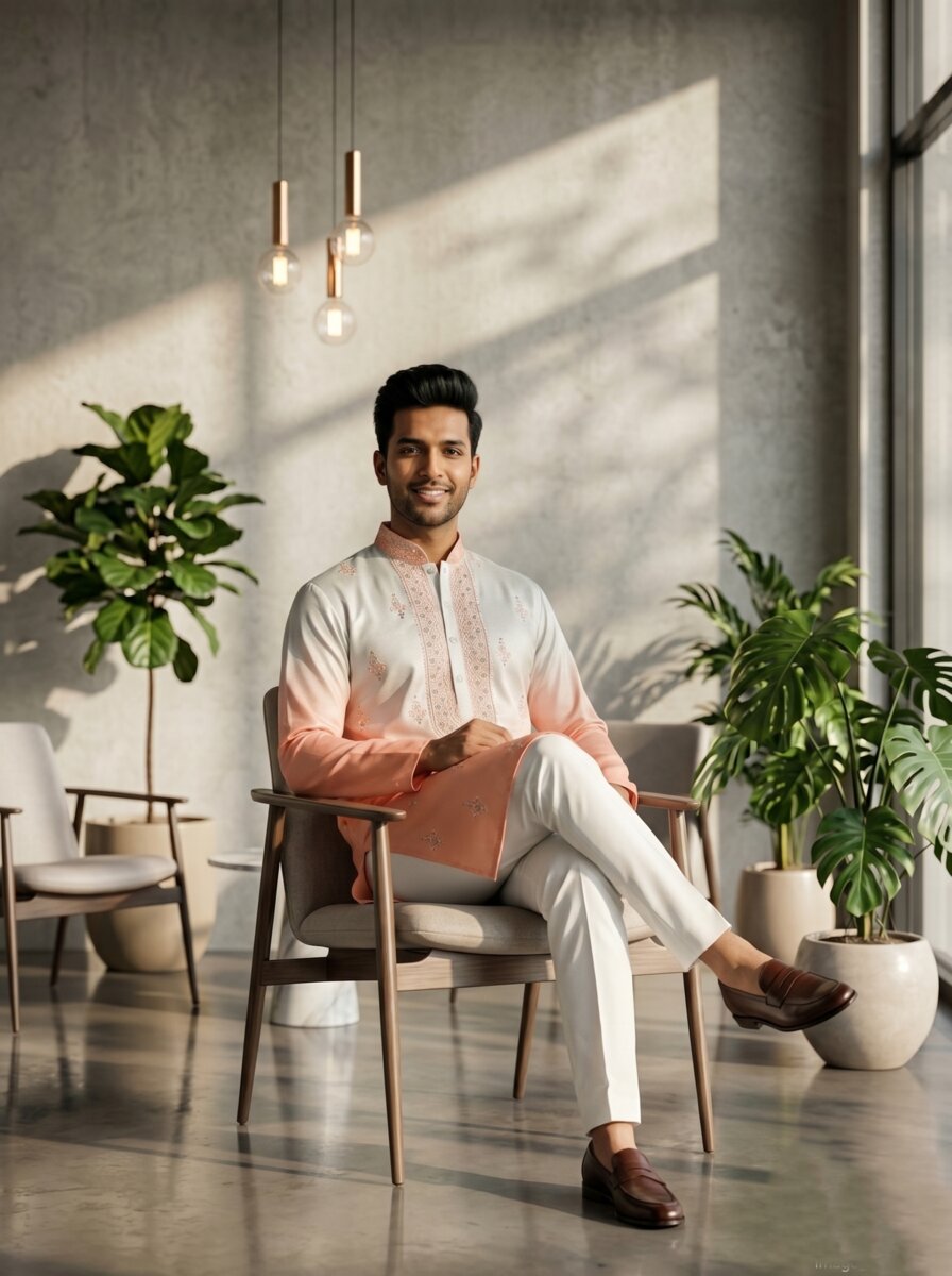 [NW] Men's Multi Colour Embroidered Cotton Silk Kurta Set
