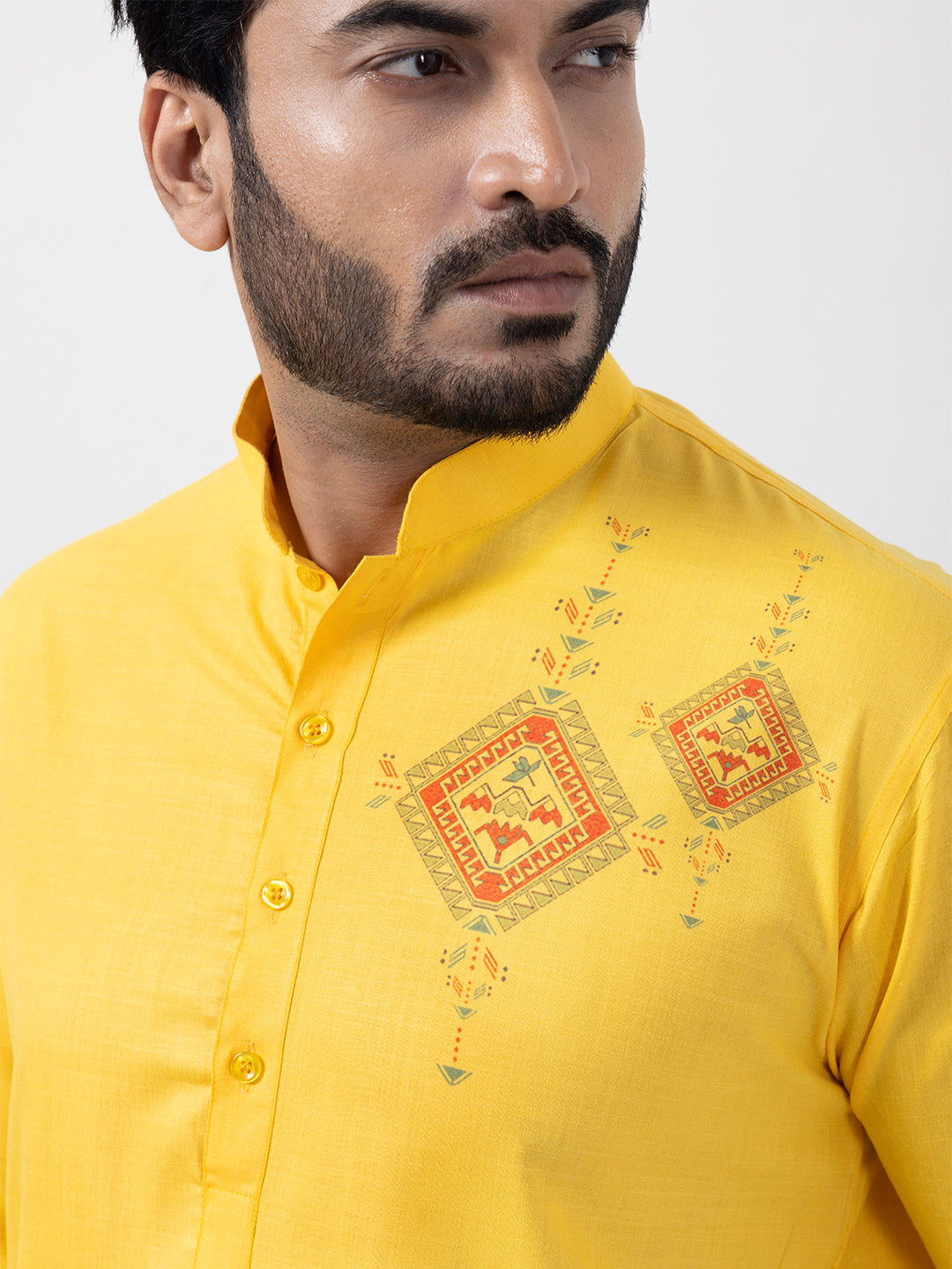 [CCSP] Men's Yellow Ethnic Print Cotton Kurta Set