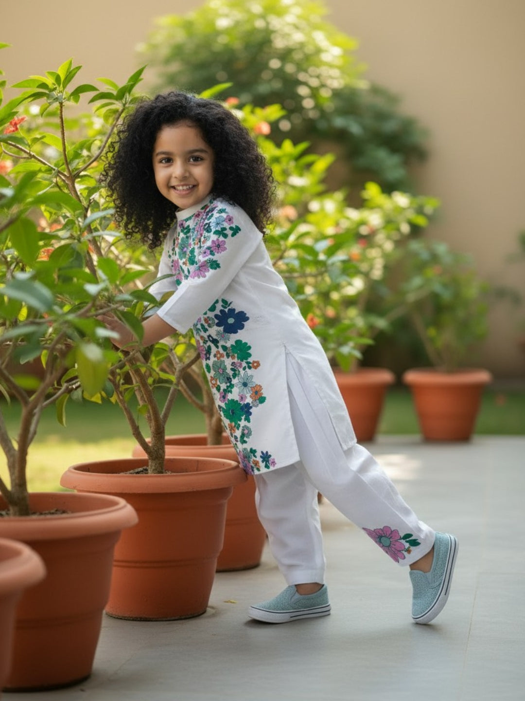 [DGKS-MGSP-B] Girls White Ethnic Motifs Printed Cotton Kurti Set