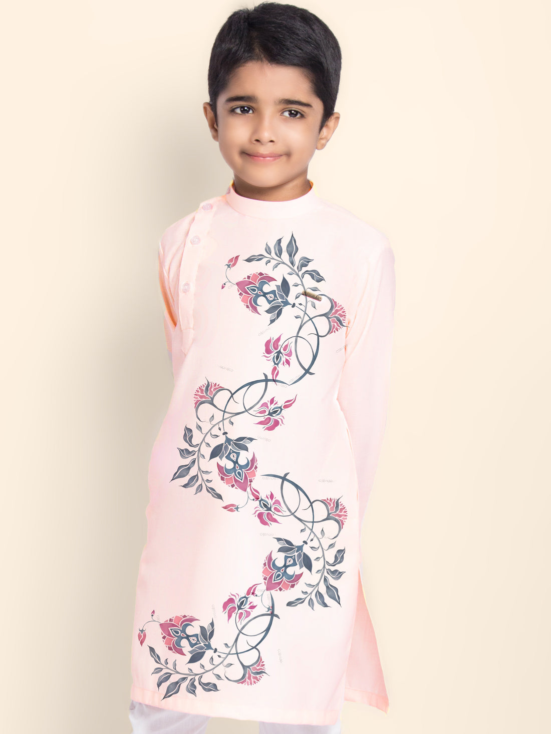 Boys Pink Cotton Kurta Pyjama with Print