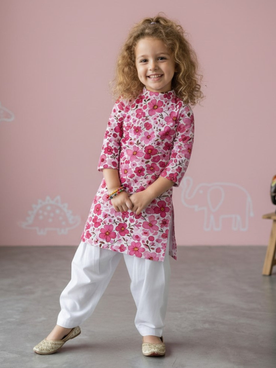 [DGKS-MGSP] Girls Multi Color Ethnic Motifs Printed Cotton Kurti Set