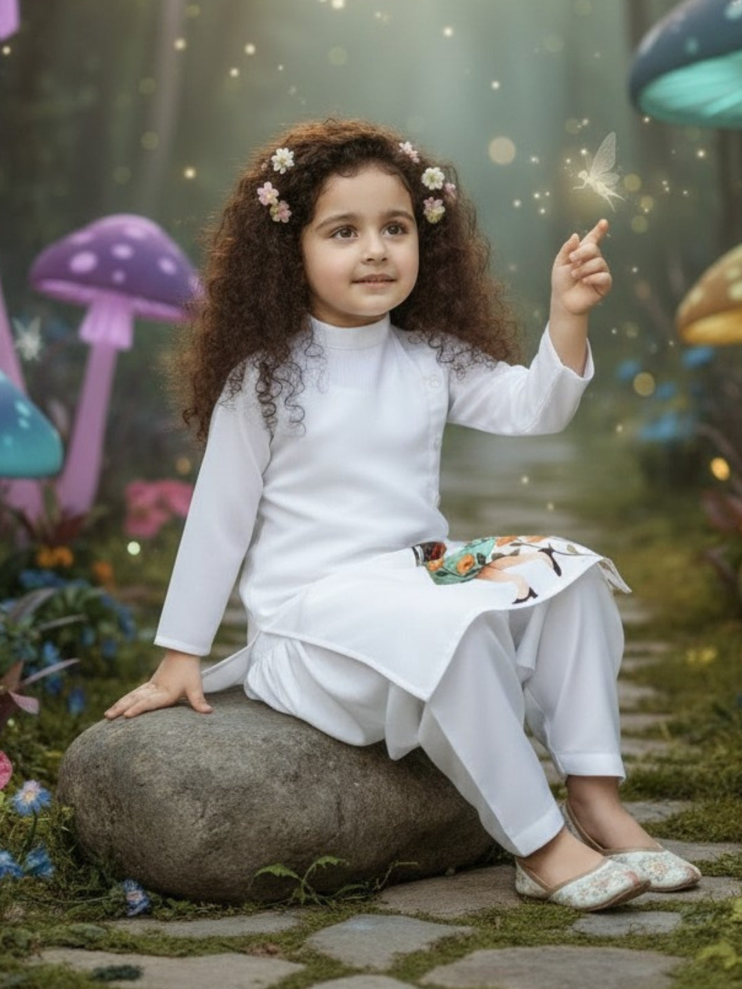 [DGKS-MGSP-B] Girls White Ethnic motifs Printed Cotton Kurti Set
