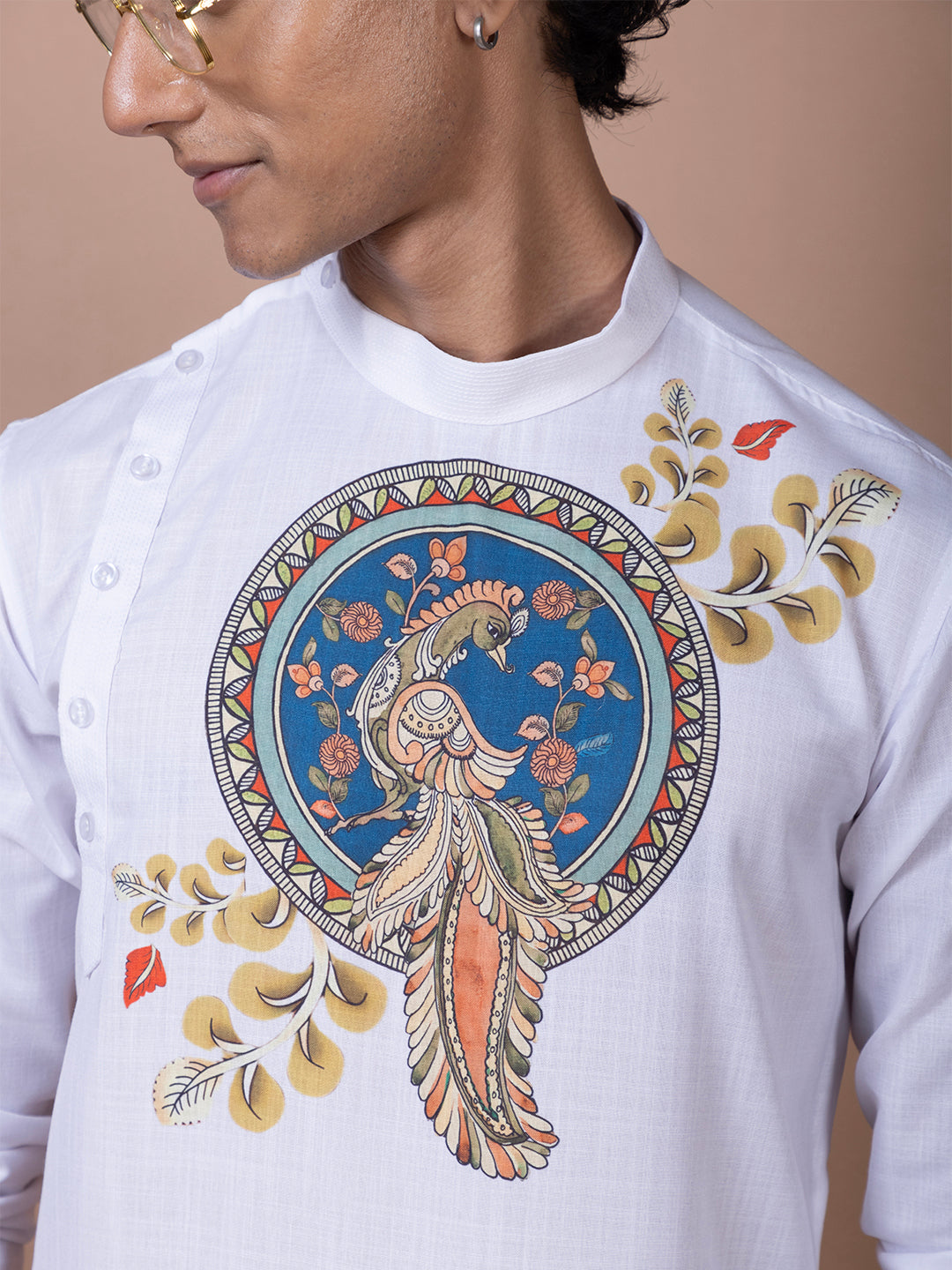 Mens White Printed Kurta-Pyjama Set