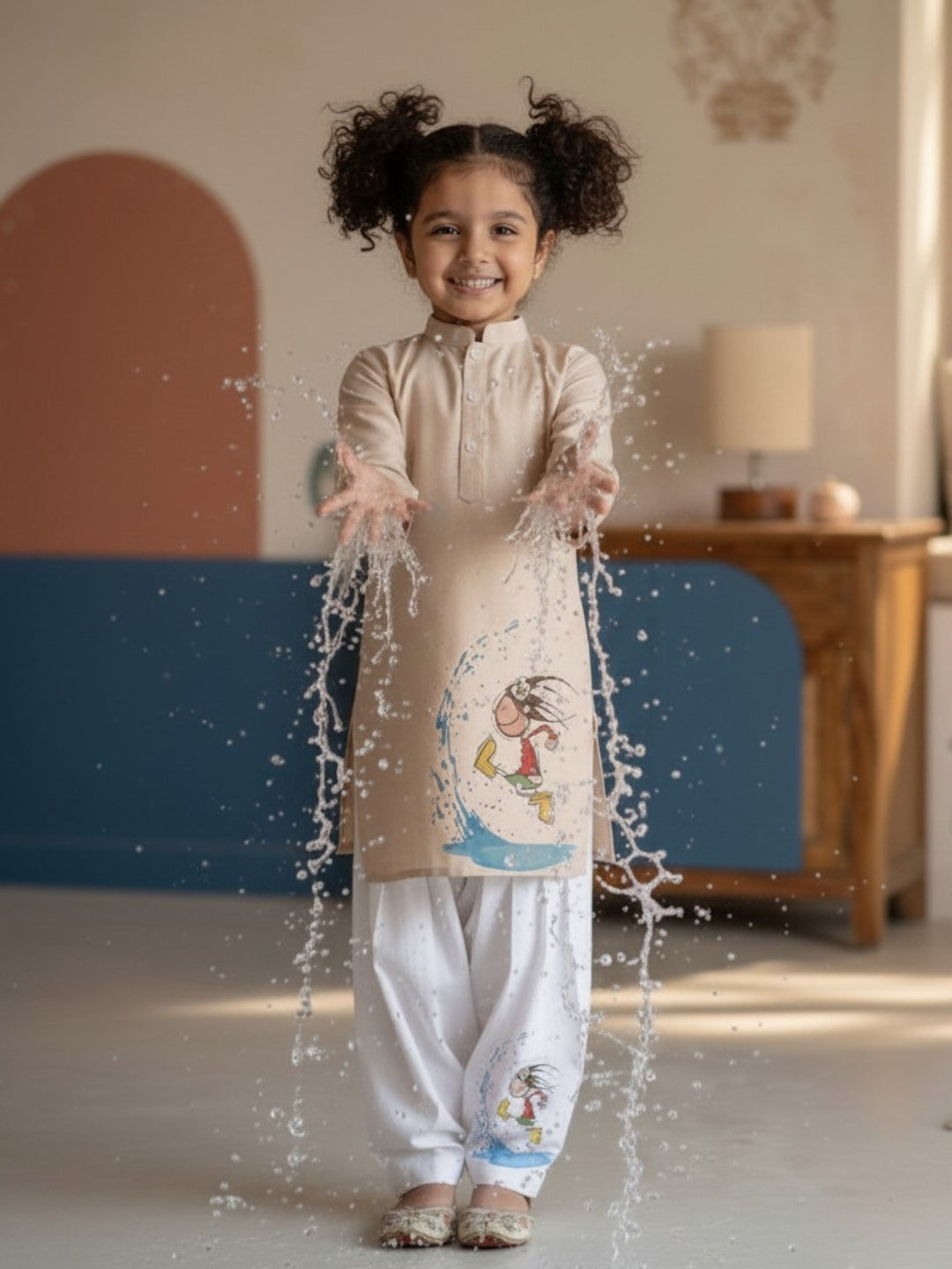 [DGKS-MGSP] Girls Beige Ethnic motifs Printed Cotton Kurti Set