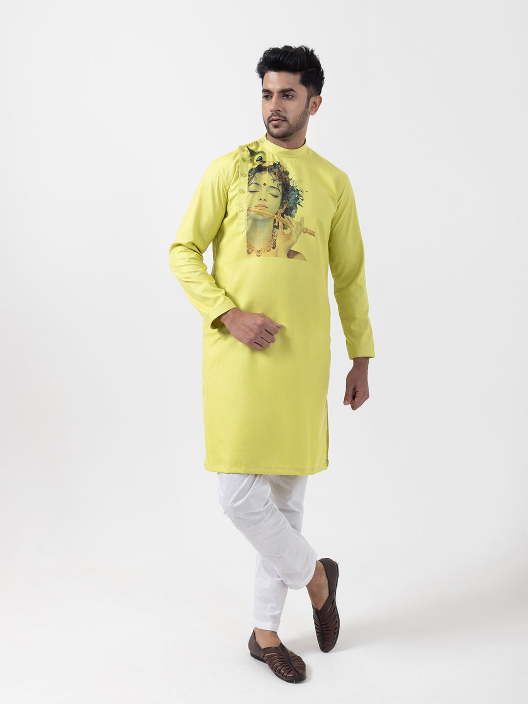 Mens Lime Green Side Placket Printed Kurta With Pyjama Set