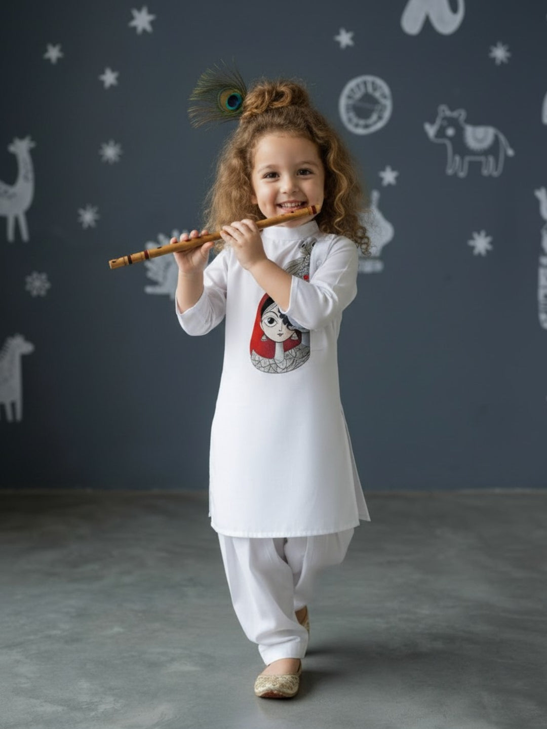 [DGKS-MGSP-B] Girls White Ethnic Motifs Printed Cotton Kurti Set
