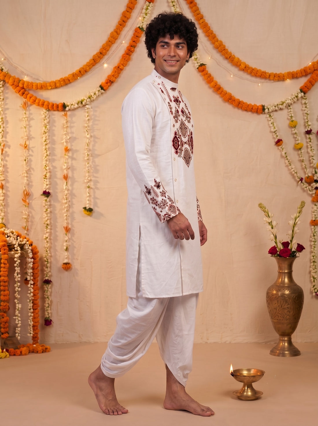 Men's White Cotton Kurta with Dhoti Set – Ethnic Print & Side Placket
