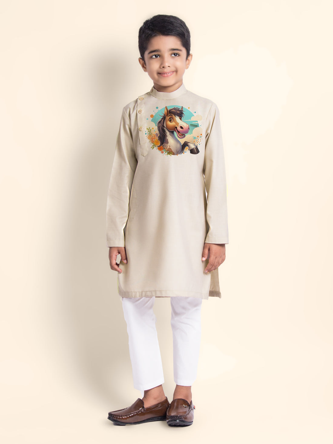 Boys Beige Printed Kurta With Pyjama