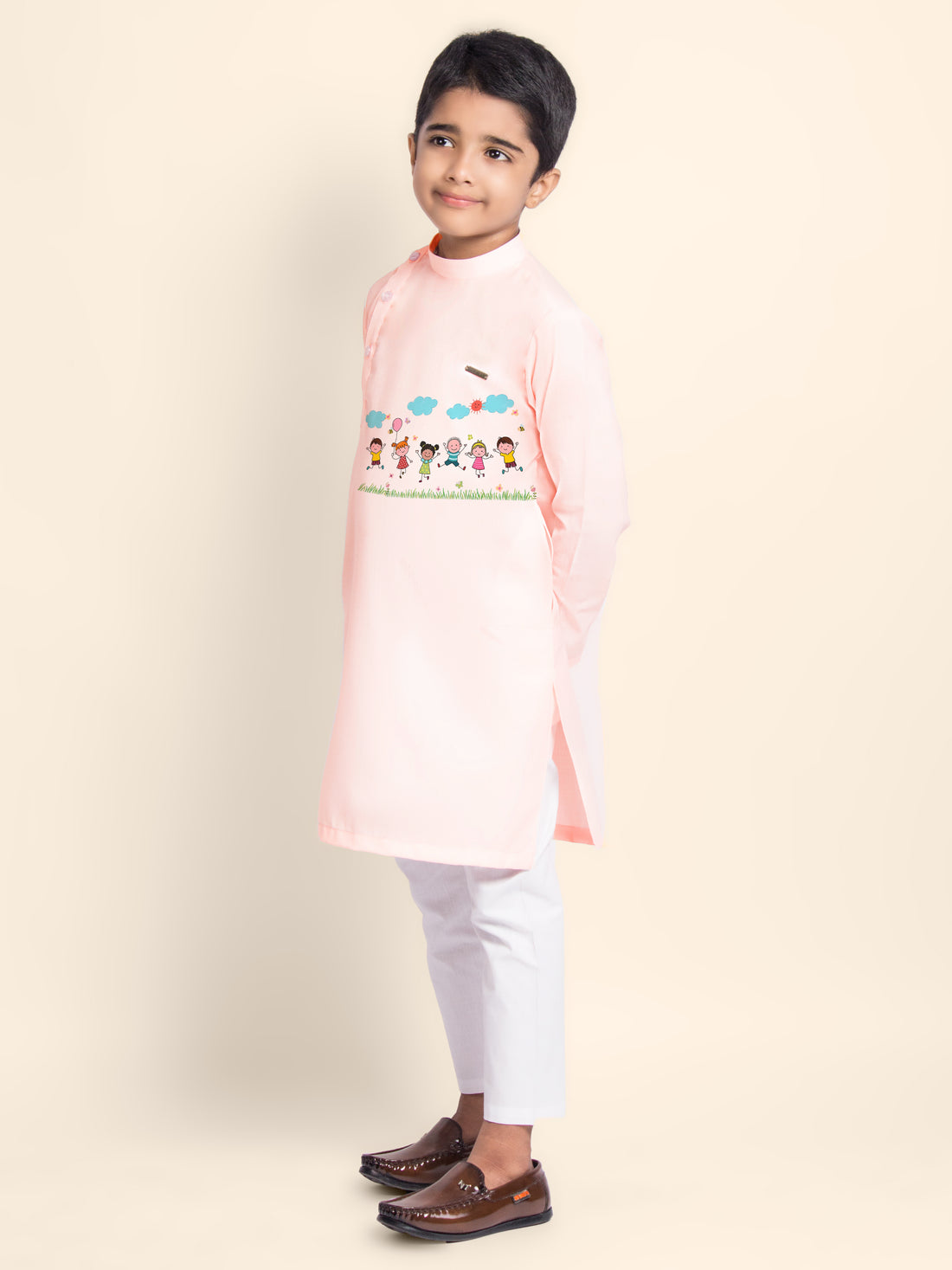 Boys Pink Cotton Kurta Pyjama with Print