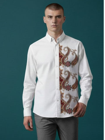 [DS-MGSP] Men's White Ethnic Printed Cotton Shirt