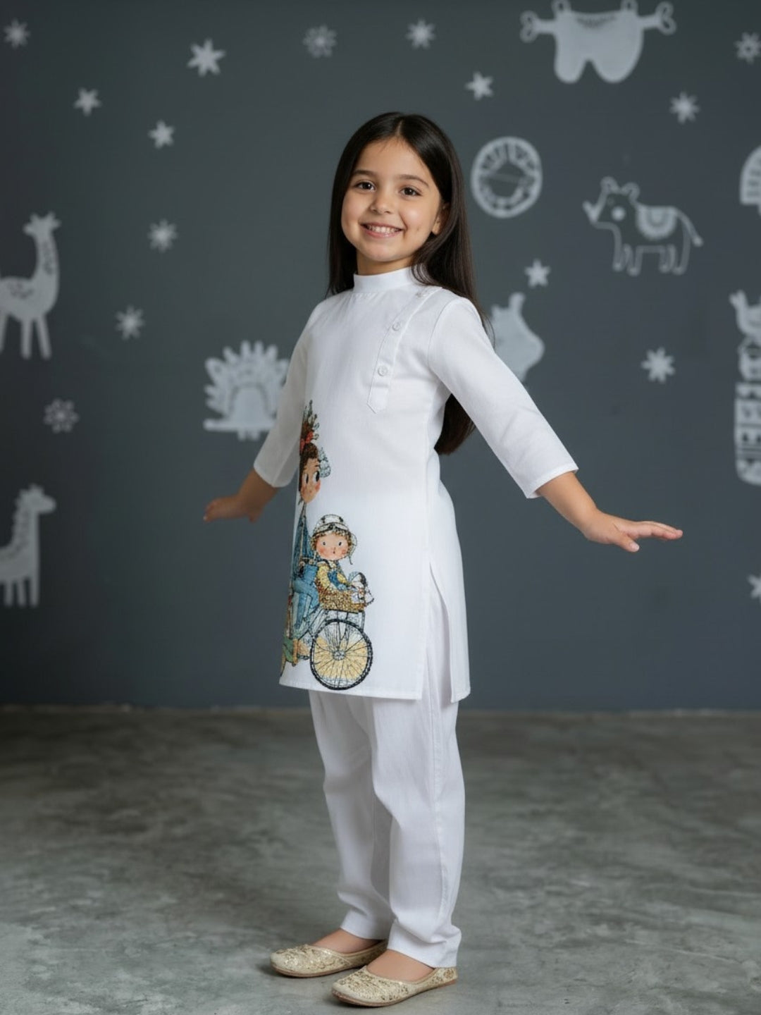 [DGKS-MGSP-B] Girls White Ethnic Motifs Printed Cotton Kurti Set