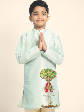 Boys Green Printed Kurta with Beige Pyjama Set