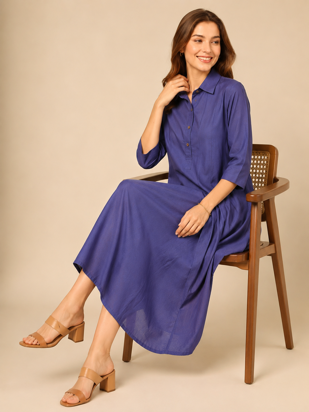 Women's Blue Cotton Linen Shirt Dress – Button Front