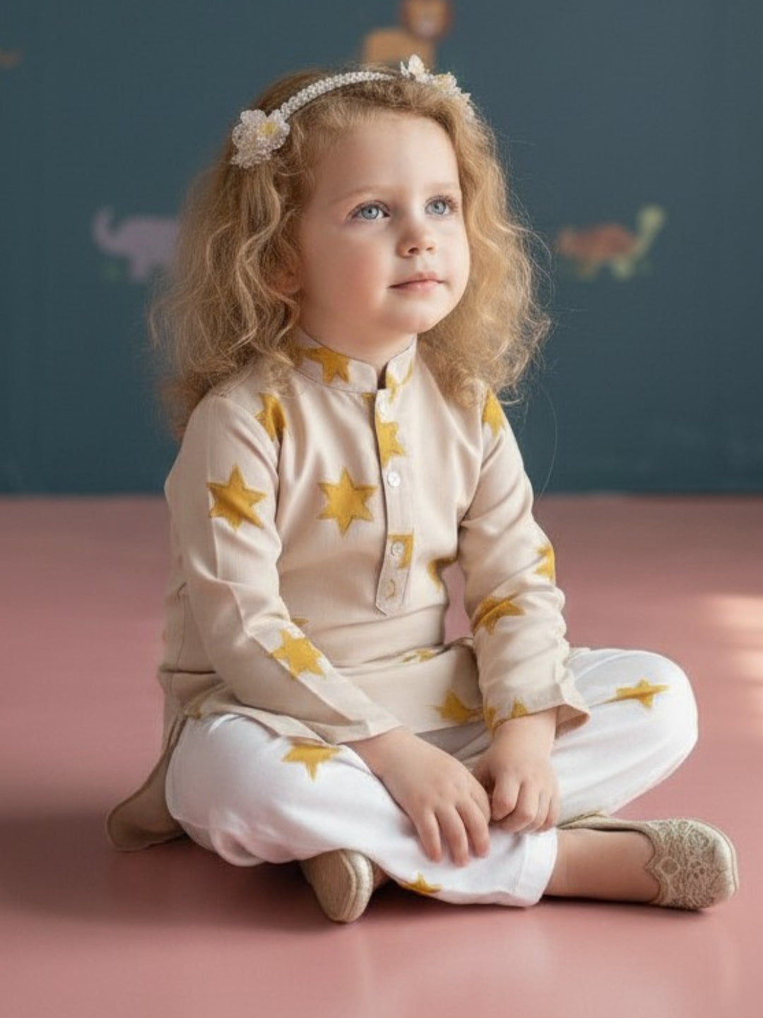 [DGKS-MGSP] Girls Beige Ethnic motifs Printed Cotton Kurti Set