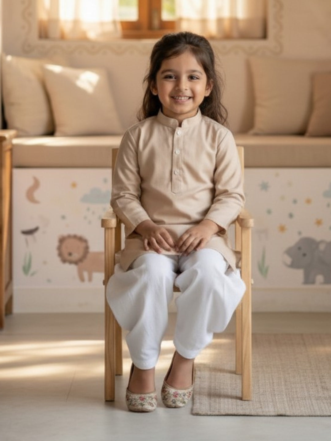 [DGKS-MG] Girls Beige Solid cotton Kurti Set