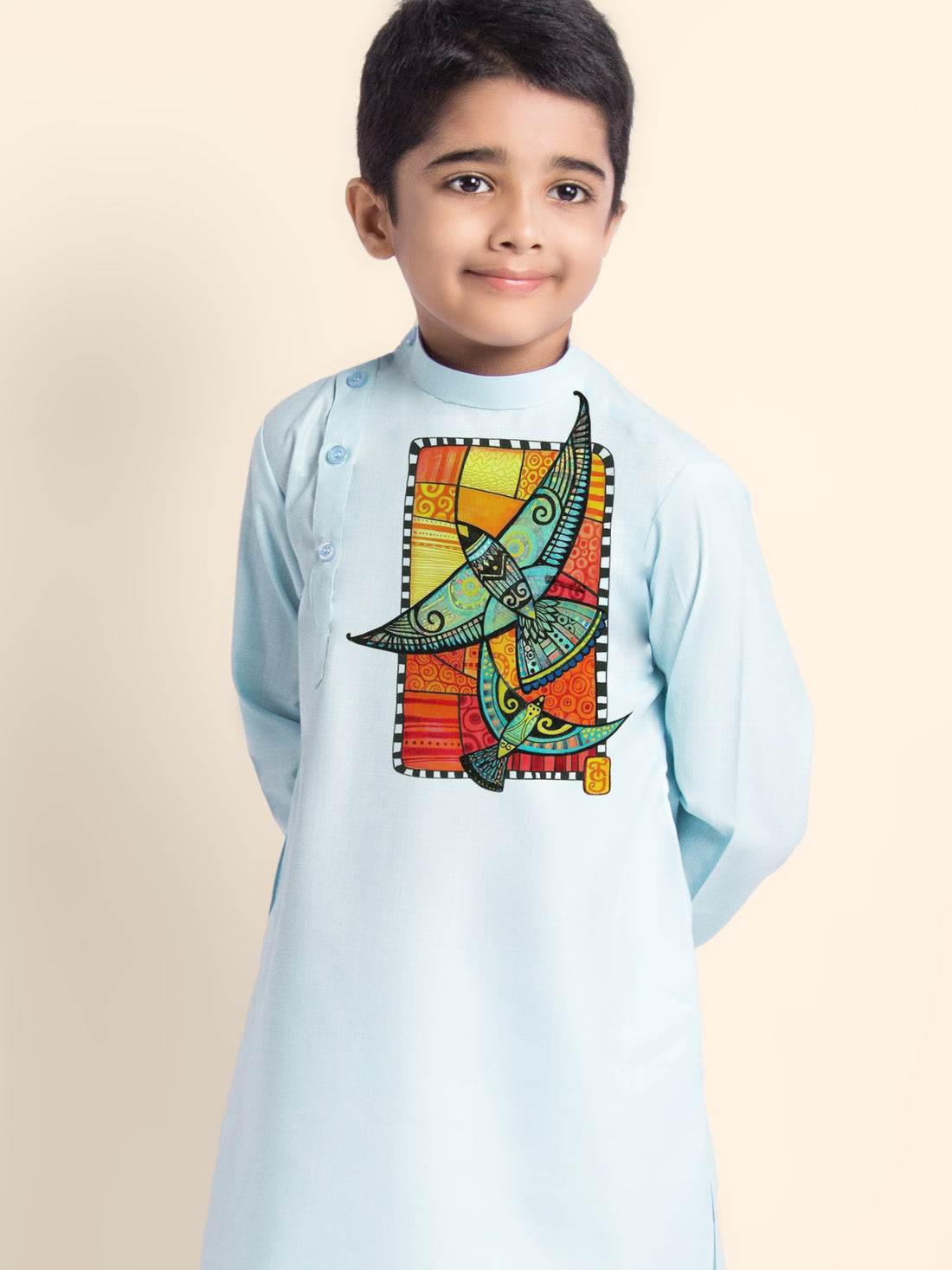 Boys Sky Blue Printed Kurta With Pyjama Set