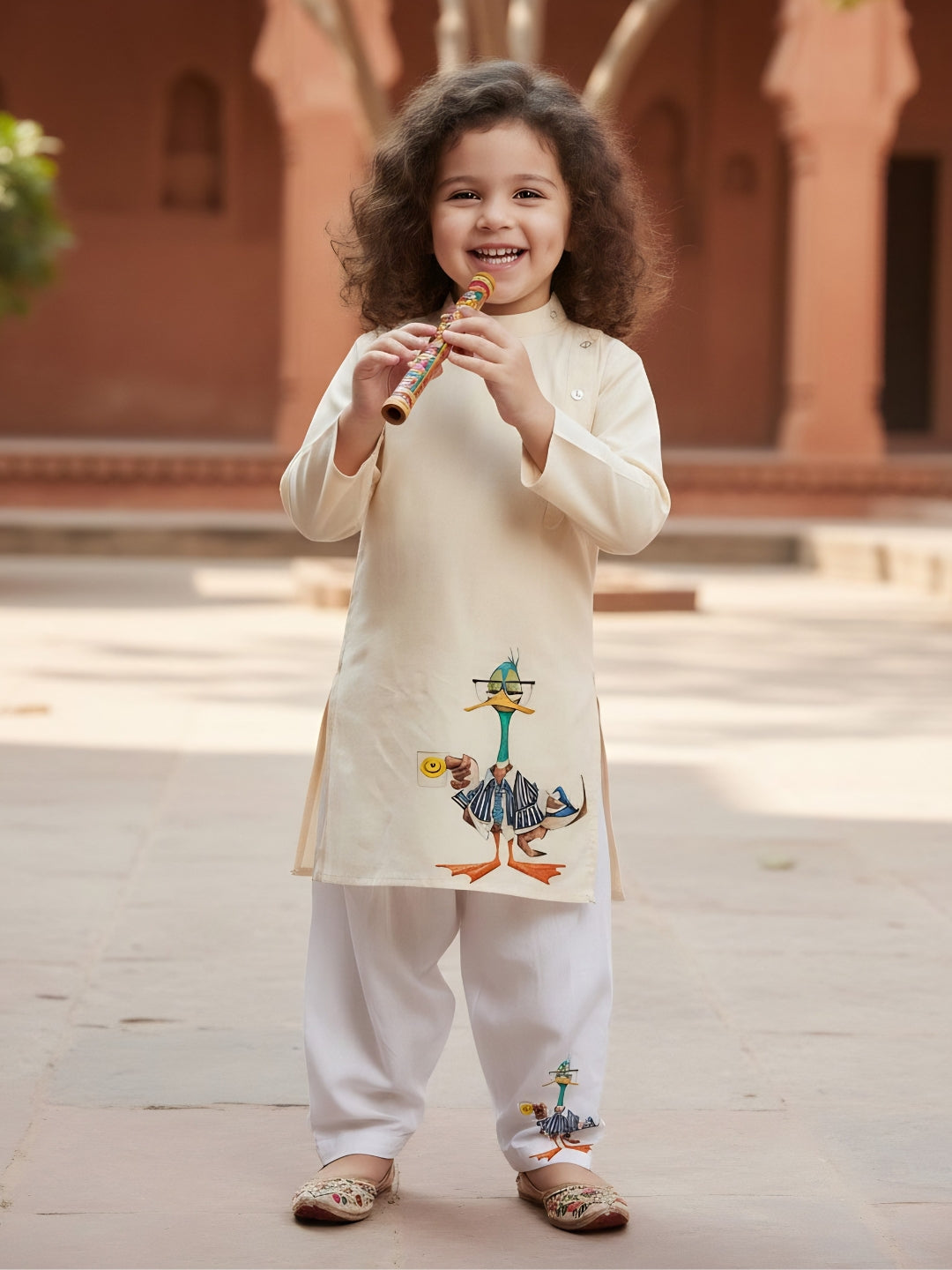 [DGKS-MGSP-B] Girls Beige Ethnic motifs Printed Cotton Kurti Set