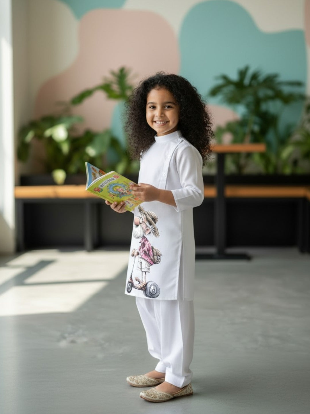 [DGKS-MGSP-B] Girls White Ethnic Motifs Printed Cotton Kurti Set