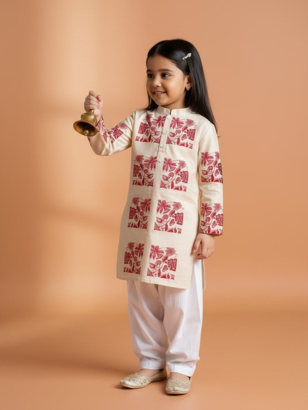 Girls' Beige Cotton Kurti Set – Ethnic Print