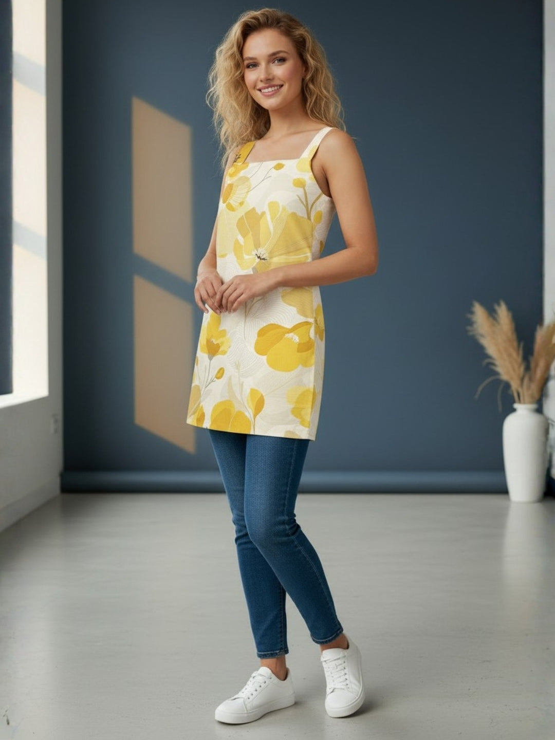 [DFMSL-MGSP] Women Yellow Printed Cotton Sleeveless Top