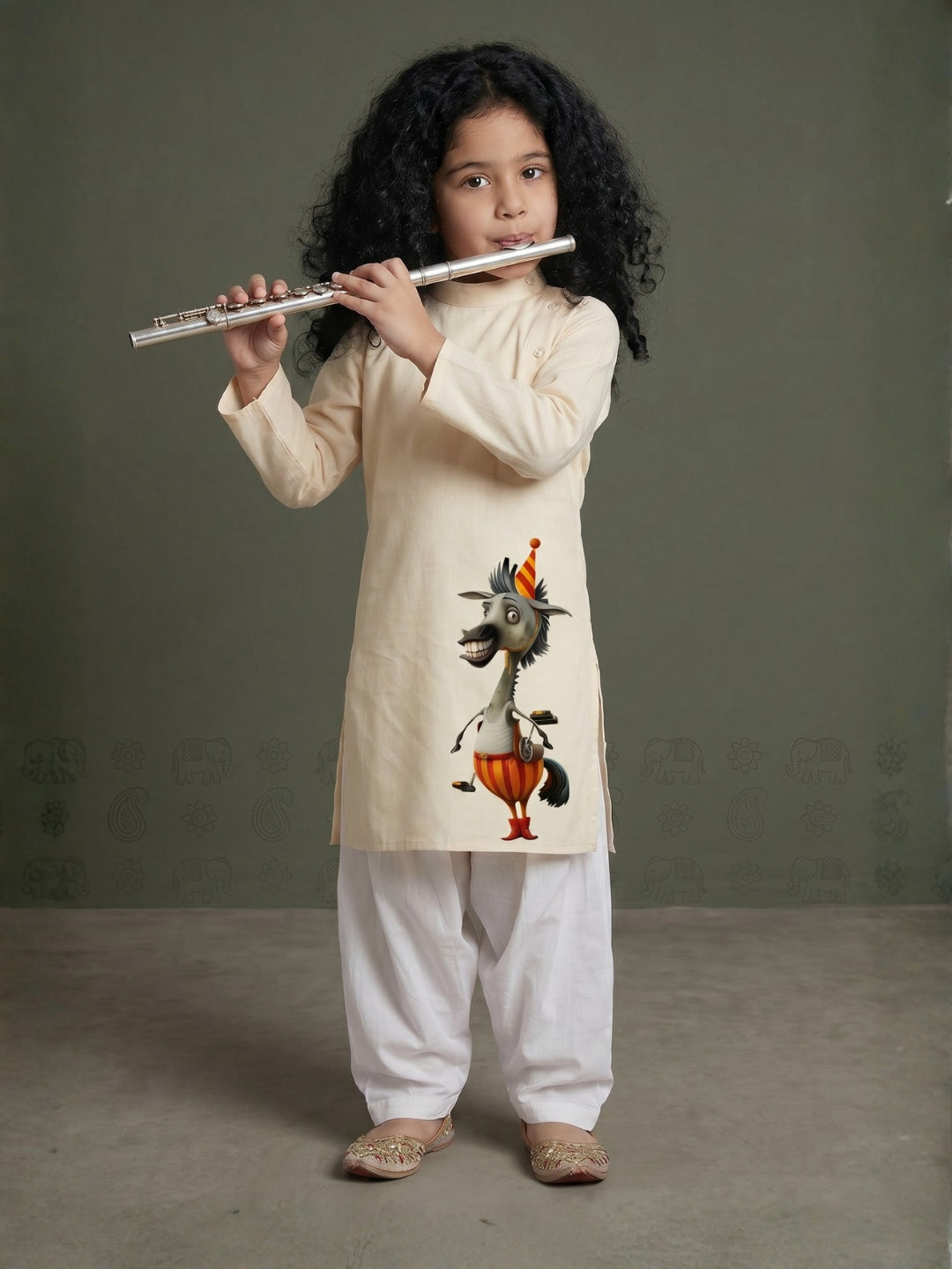 [DGKS-MGSP-B] Girls Beige Ethnic motifs Printed Cotton Kurti Set