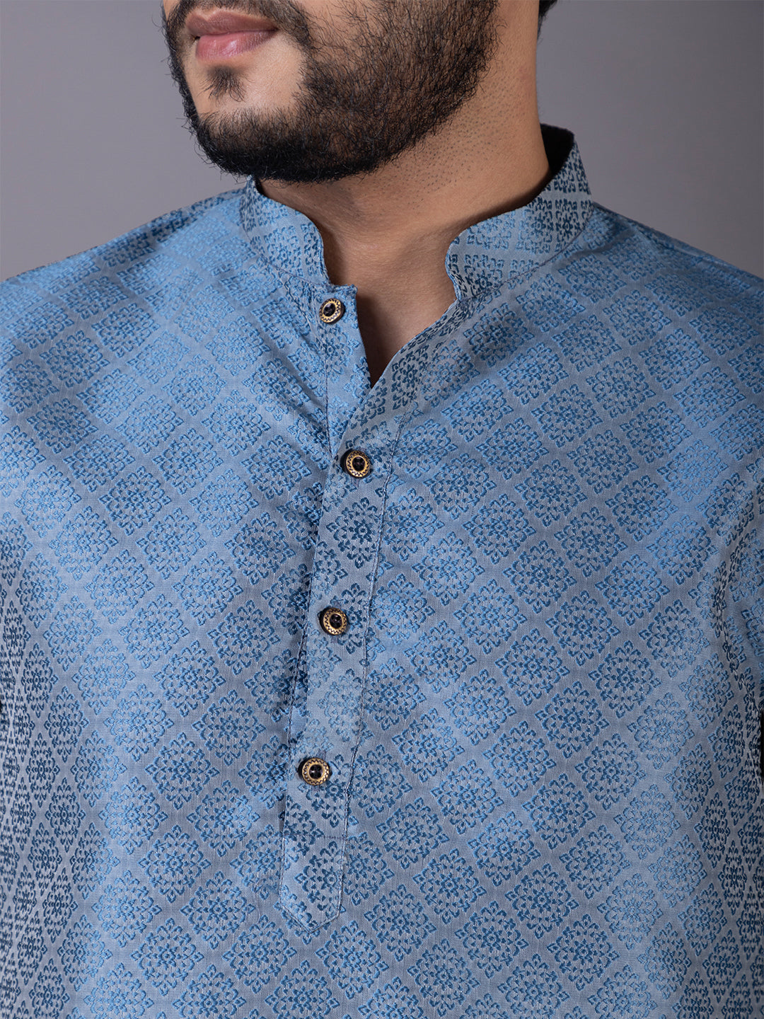 Geometric Woven Design Mandarin Collar Straight Kurta with Pyjama