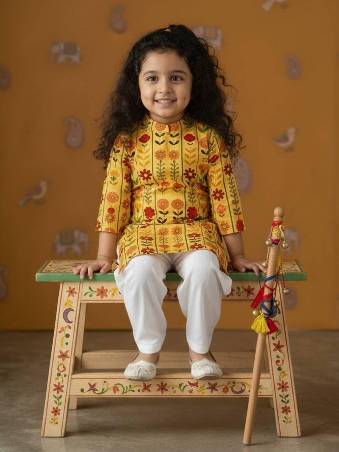[DGKS-MGSP] Girls Yellow Ethnic Motifs Printed Cotton Kurti Set
