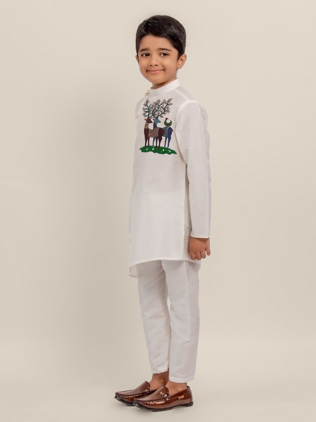 Boys White Printed Kurta With Pyjama Set
