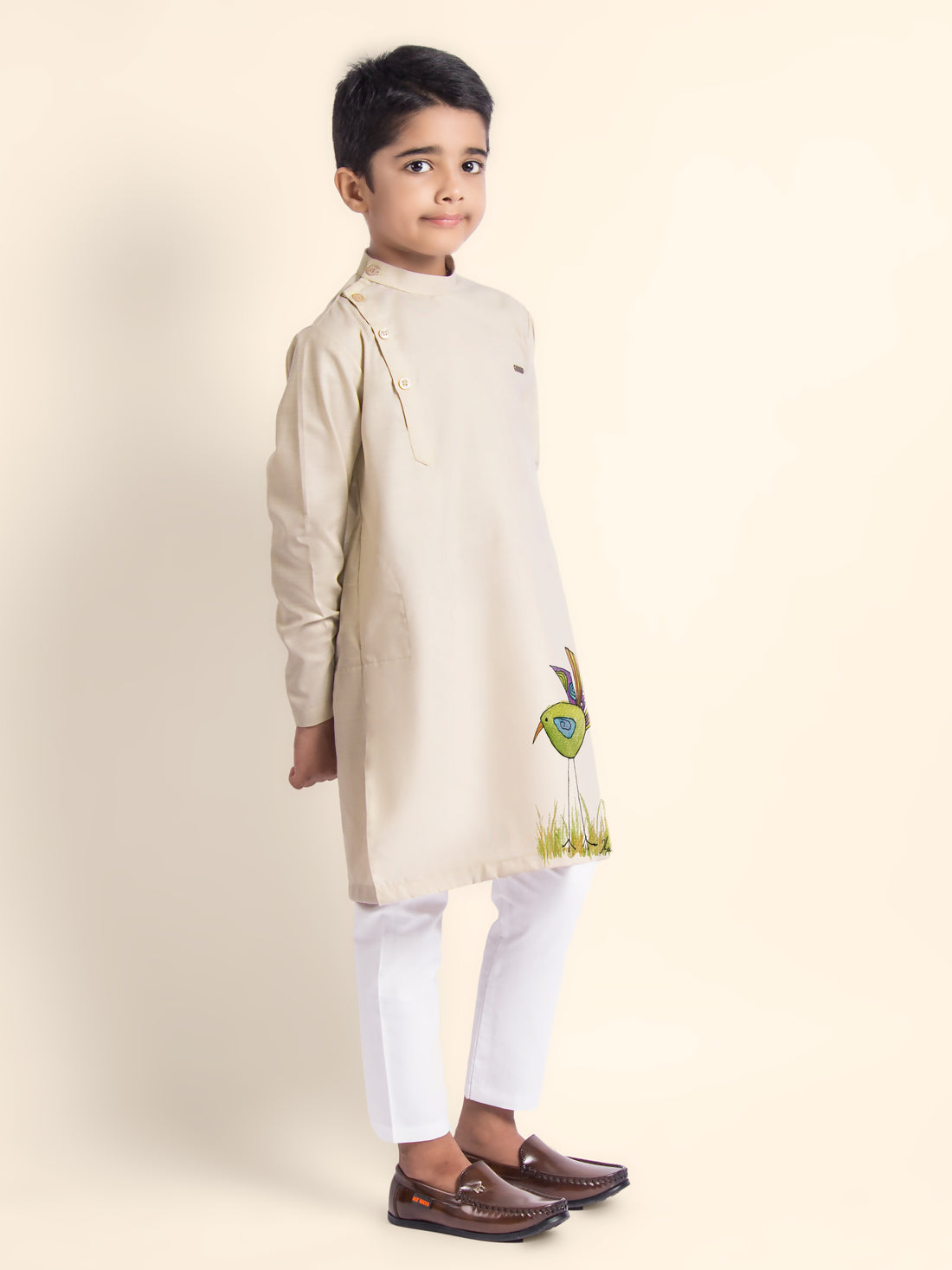 Boys Beige Printed Kurta With Pyjama