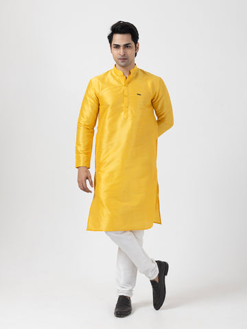 Woven Design Band Collar Dupion Silk Straight Kurta With Pyjama Set