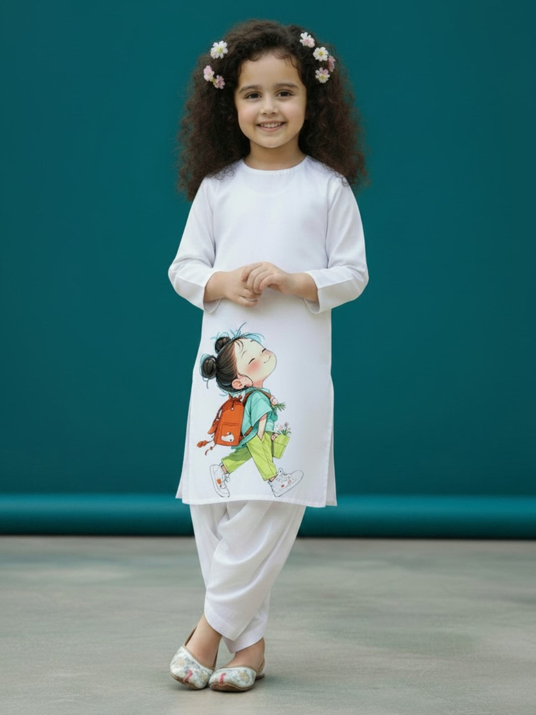 [DGKS-MGSP-RN] Girls White Ethnic Motifs Printed Cotton Kurti Set